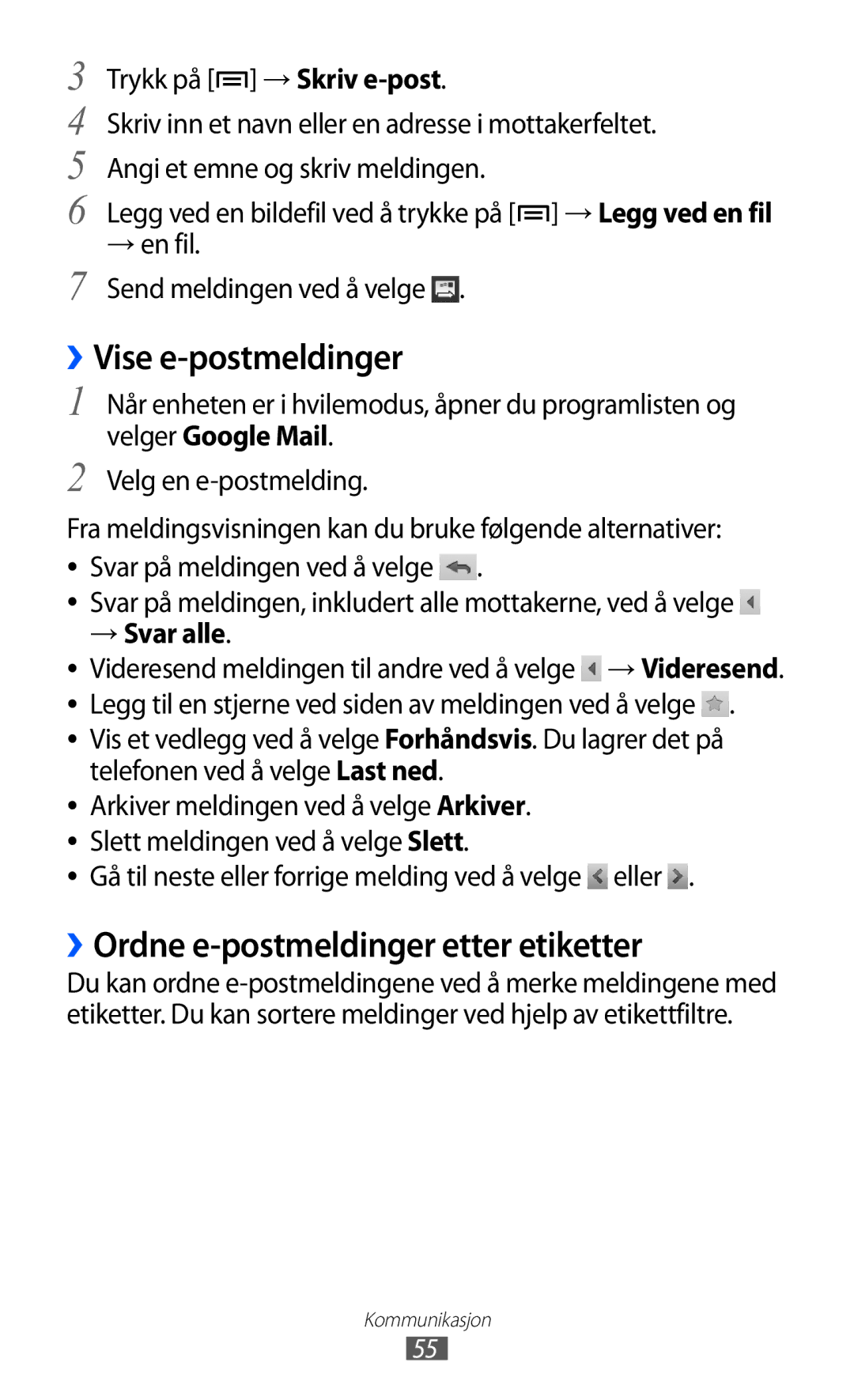 Samsung GT-I8530BAANEE, GT-I8530RWANEE manual ››Vise e-postmeldinger, ››Ordne e-postmeldinger etter etiketter, → Svar alle 