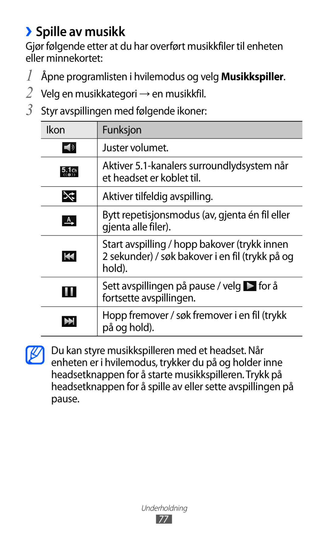 Samsung GT-I8530BAANEE manual ››Spille av musikk, Et headset er koblet til Aktiver tilfeldig avspilling, Gjenta alle filer 