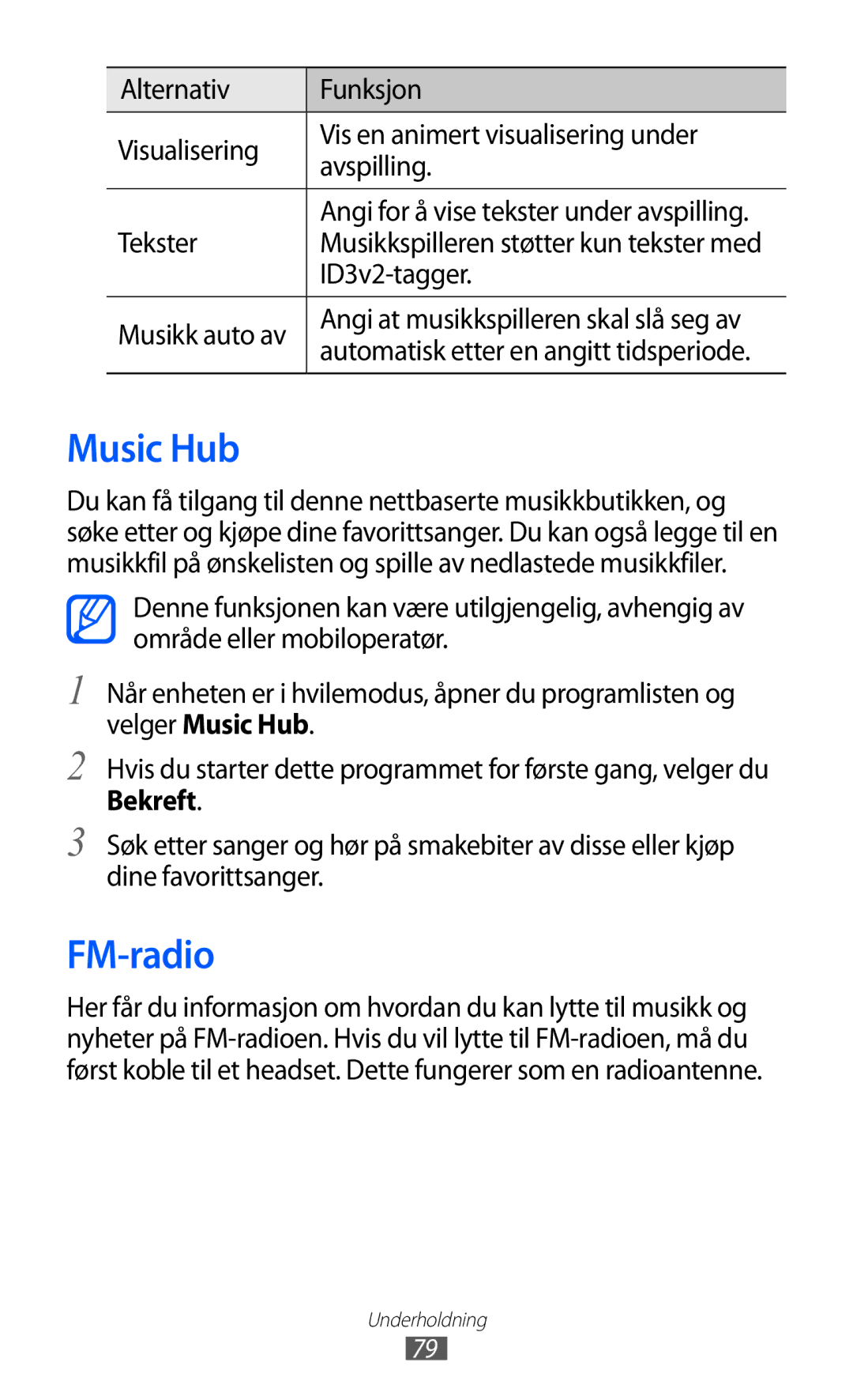 Samsung GT-I8530BAANEE, GT-I8530RWANEE manual Music Hub, FM-radio, Tekster, ID3v2-tagger, Musikk auto av 