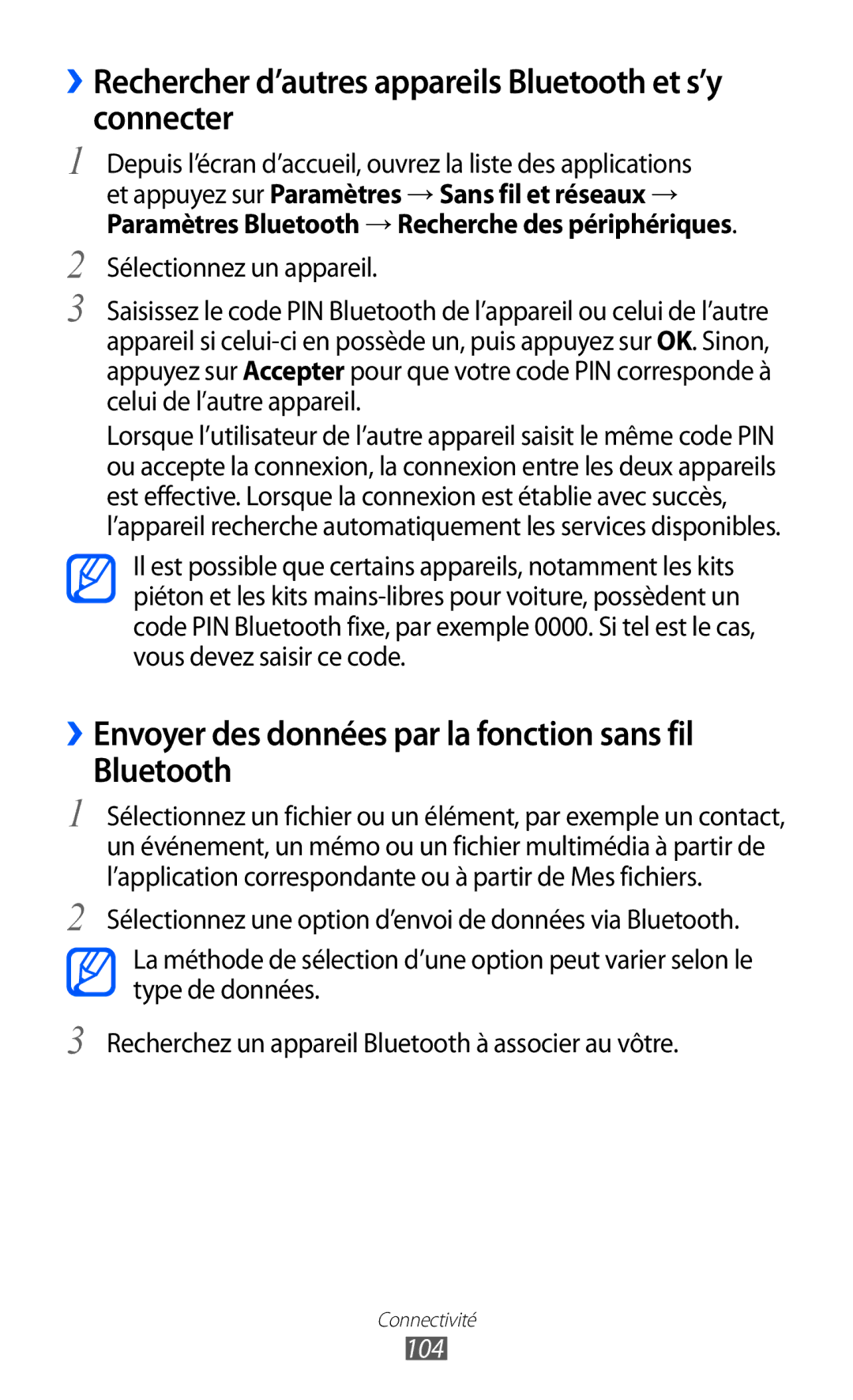 Samsung GT-I8530RWANRJ manual ››Rechercher d’autres appareils Bluetooth et s’y connecter, Sélectionnez un appareil, 104 