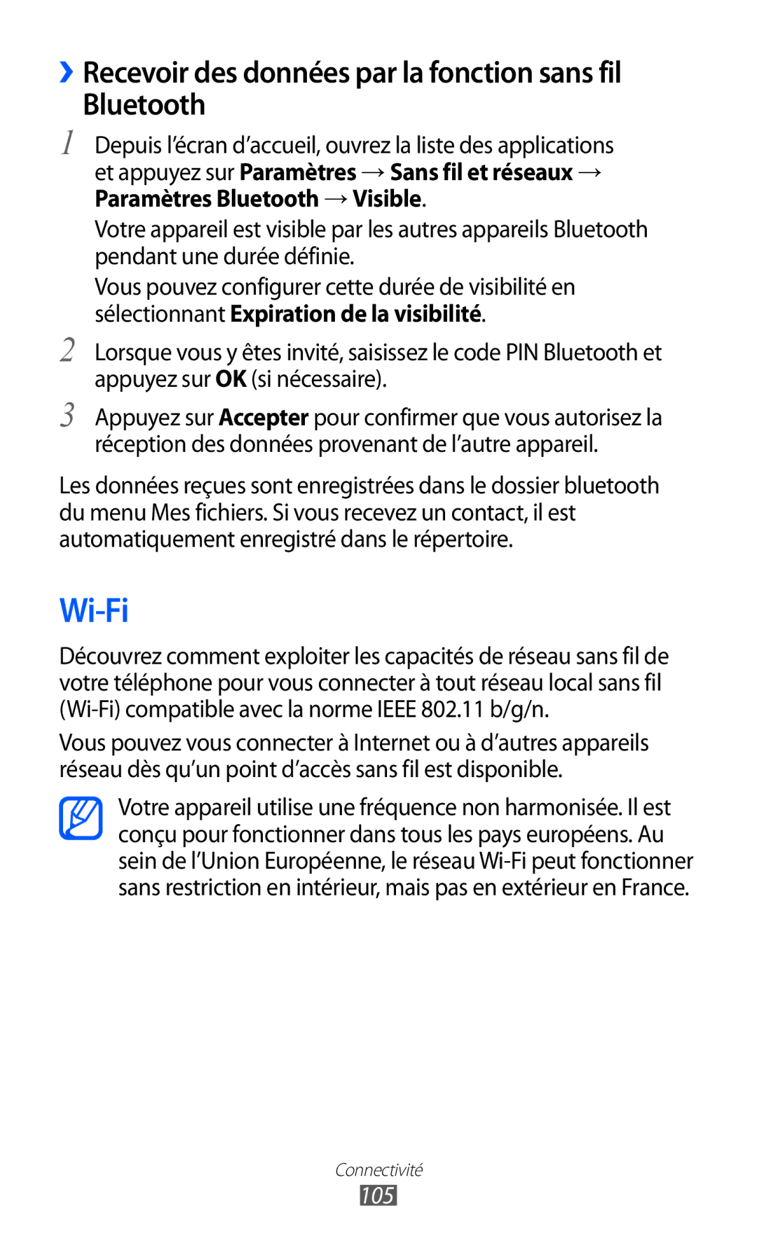 Samsung GT-I8530BAAXEF, GT-I8530RWAXEF manual Wi-Fi, ››Recevoir des données par la fonction sans fil Bluetooth, 105 