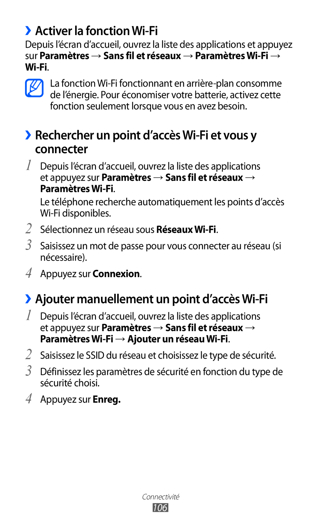 Samsung GT-I8530BAANRJ manual ››Activer la fonction Wi-Fi, ››Rechercher un point d’accès Wi-Fi et vous y connecter, 106 