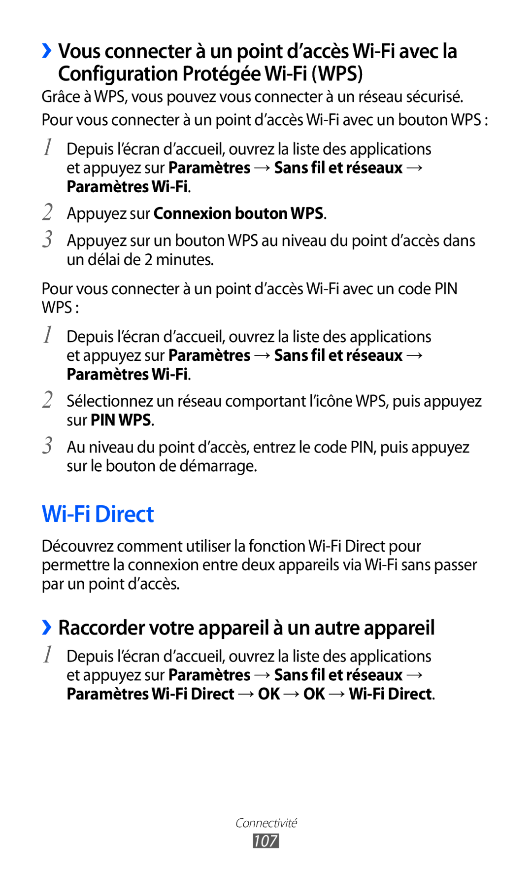 Samsung GT-I8530RWASFR Wi-Fi Direct, Configuration Protégée Wi-Fi WPS, ››Raccorder votre appareil à un autre appareil, 107 