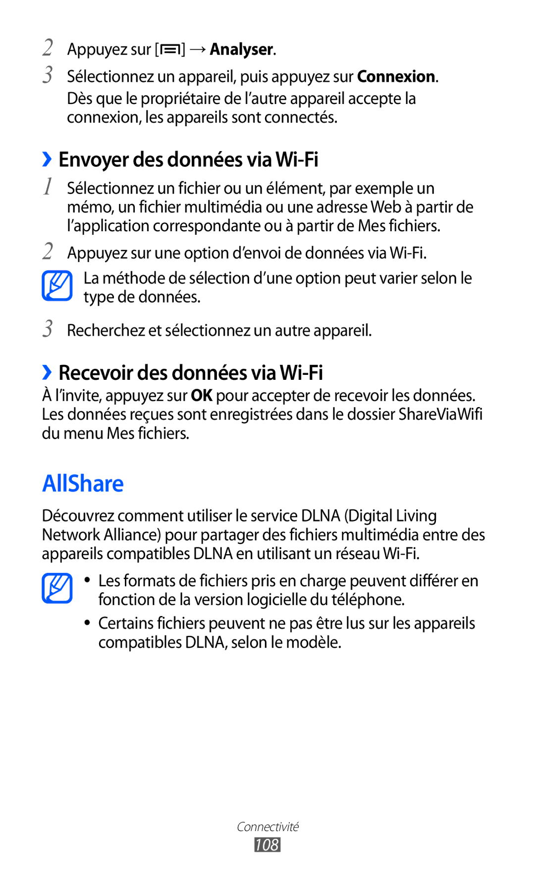 Samsung GT-I8530RWAXEF, GT-I8530BAASFR AllShare, ››Envoyer des données via Wi-Fi, ››Recevoir des données via Wi-Fi, 108 