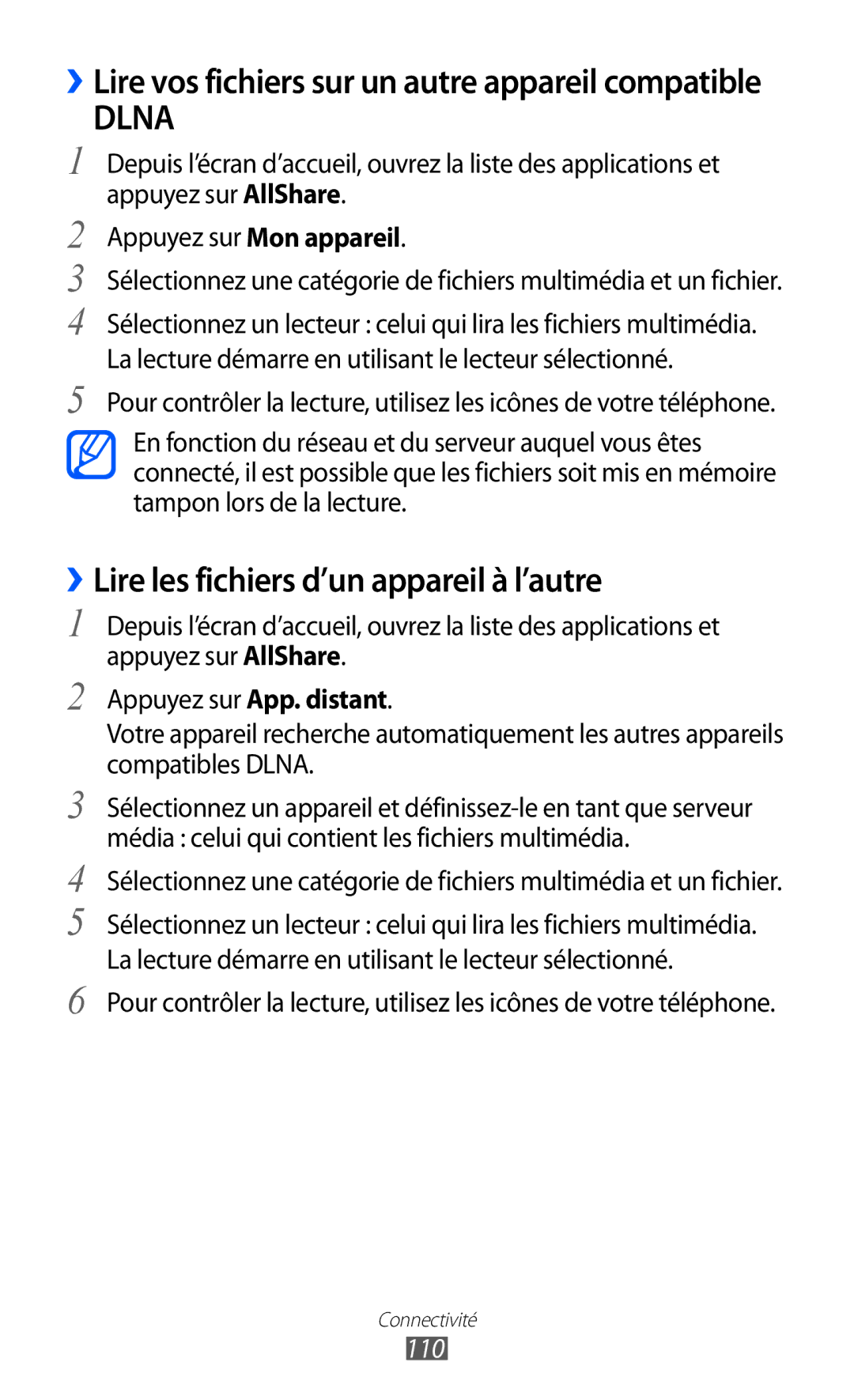 Samsung GT-I8530RWANRJ, GT-I8530RWAXEF, GT-I8530BAASFR, GT-I8530BAAXEF manual ››Lire les fichiers d’un appareil à l’autre, 110 