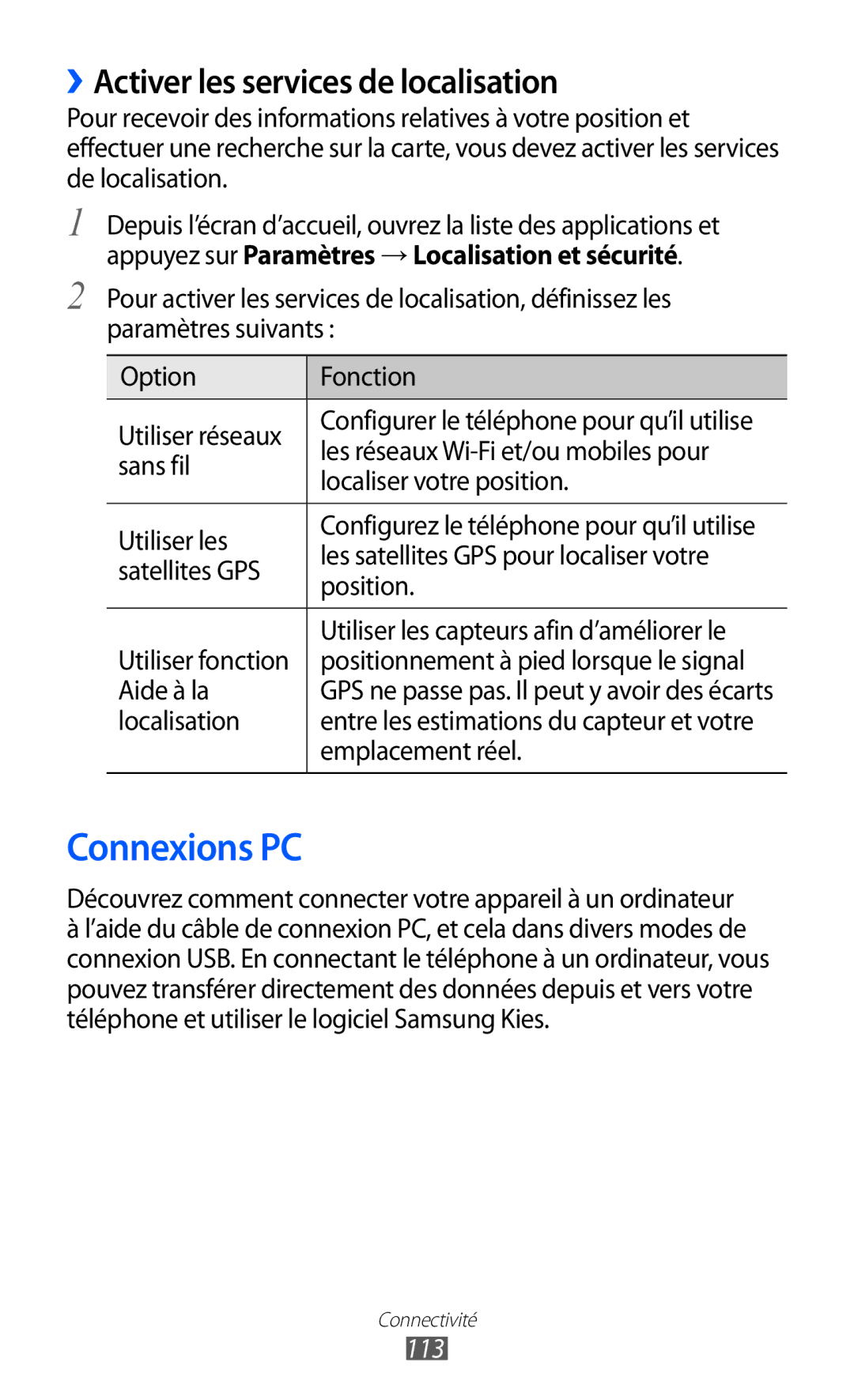 Samsung GT-I8530RWASFR, GT-I8530RWAXEF, GT-I8530BAASFR manual Connexions PC, ››Activer les services de localisation, 113 