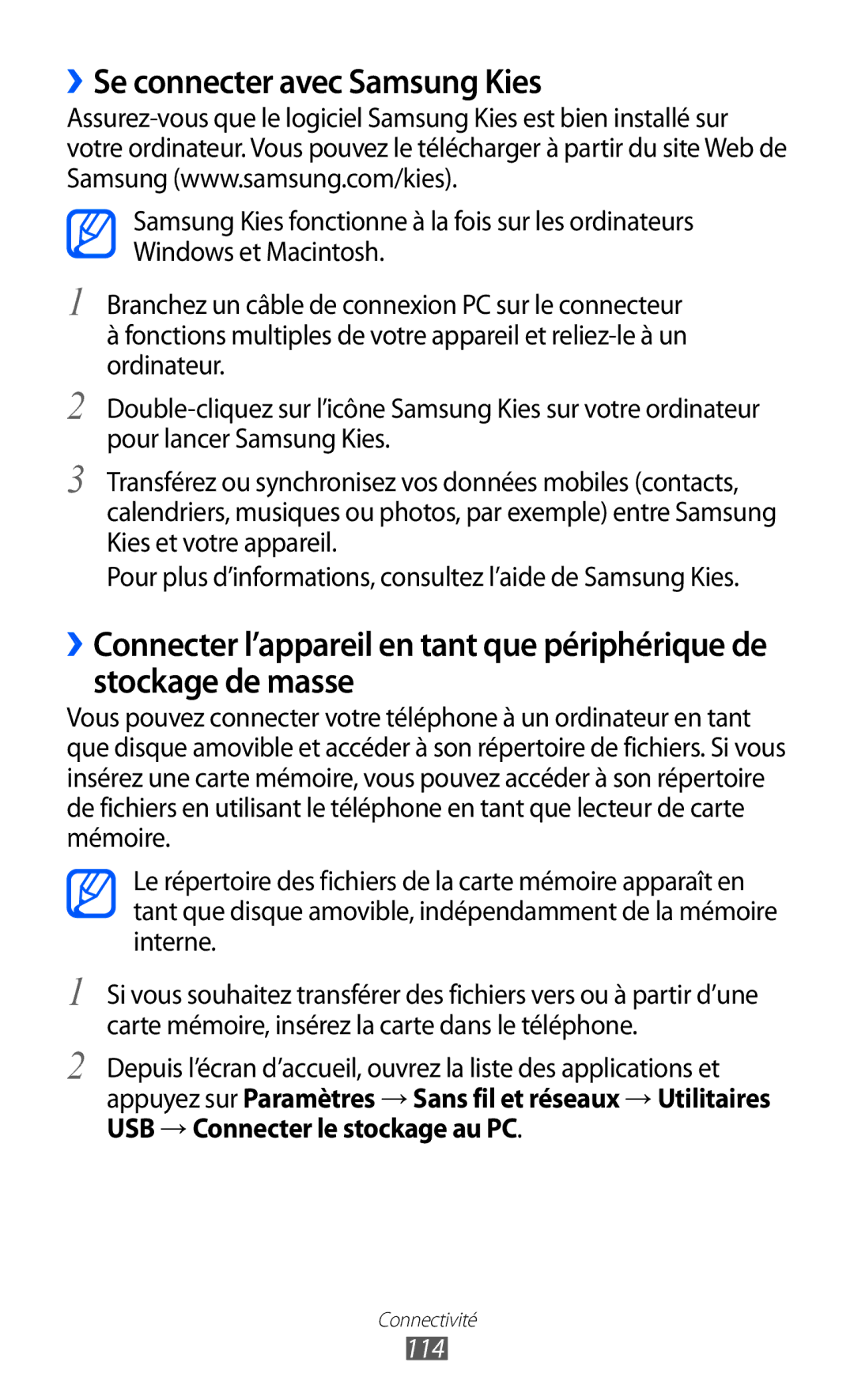 Samsung GT-I8530RWAXEF, GT-I8530BAASFR, GT-I8530RWANRJ, GT-I8530BAAXEF, GT-I8530BAANRJ ››Se connecter avec Samsung Kies, 114 