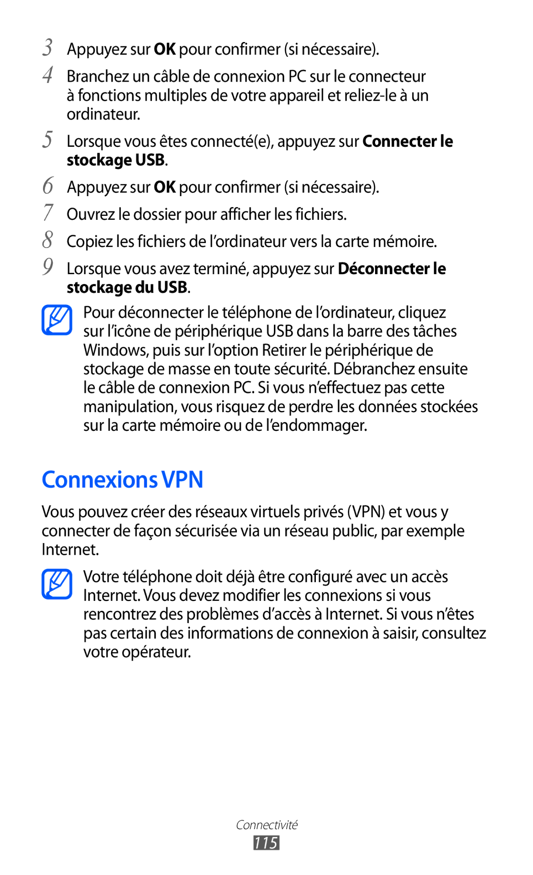 Samsung GT-I8530BAASFR, GT-I8530RWAXEF, GT-I8530RWANRJ, GT-I8530BAAXEF Connexions VPN, Stockage USB, Stockage du USB, 115 