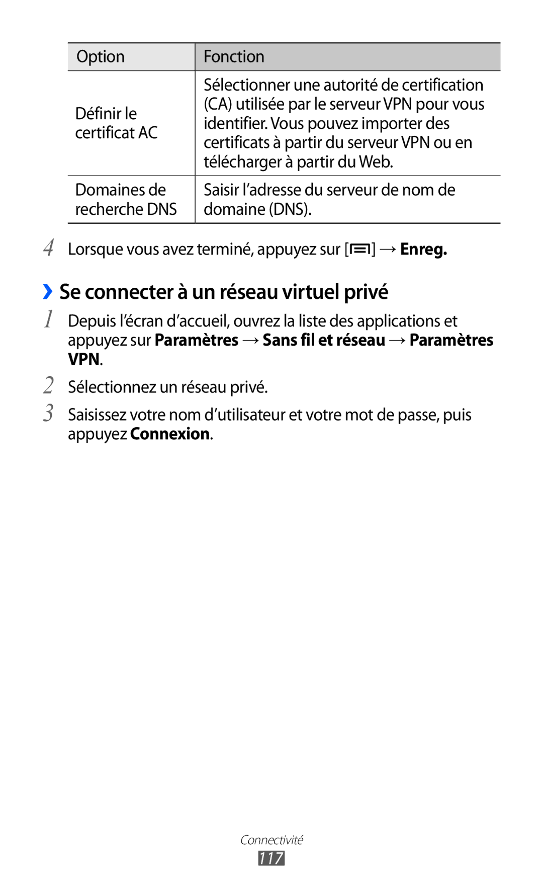 Samsung GT-I8530BAAXEF, GT-I8530RWAXEF, GT-I8530BAASFR, GT-I8530RWANRJ manual ››Se connecter à un réseau virtuel privé, 117 