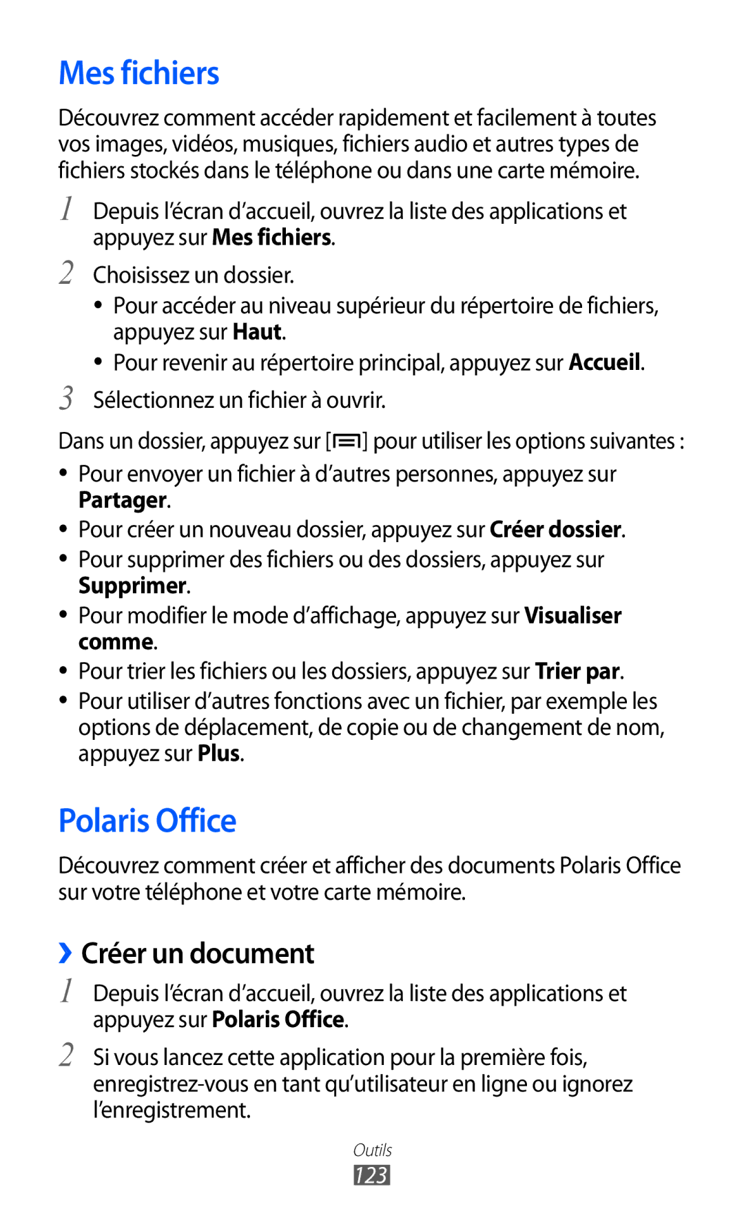 Samsung GT-I8530BAAXEF, GT-I8530RWAXEF, GT-I8530BAASFR manual Mes fichiers, Polaris Office, ››Créer un document, 123 