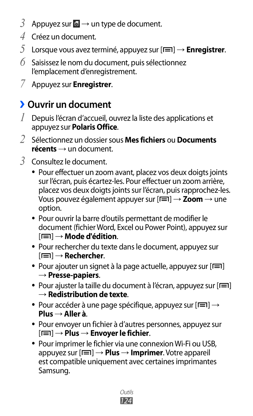 Samsung GT-I8530BAANRJ manual ››Ouvrir un document, → Presse-papiers, → Redistribution de texte, Plus → Aller à, 124 