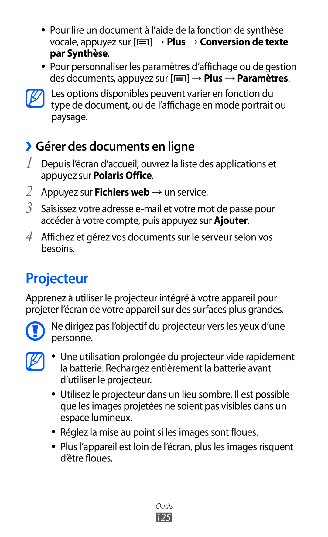 Samsung GT-I8530RWASFR, GT-I8530RWAXEF, GT-I8530BAASFR, GT-I8530RWANRJ manual Projecteur, ››Gérer des documents en ligne, 125 