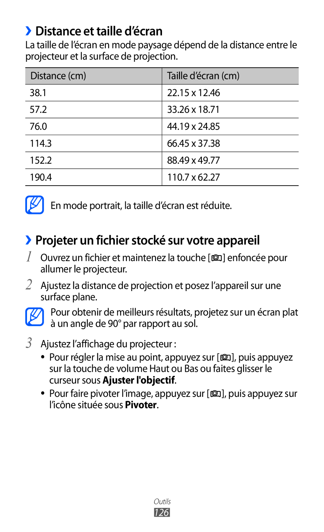 Samsung GT-I8530RWAXEF, GT-I8530BAASFR ››Distance et taille d’écran, ››Projeter un fichier stocké sur votre appareil, 126 