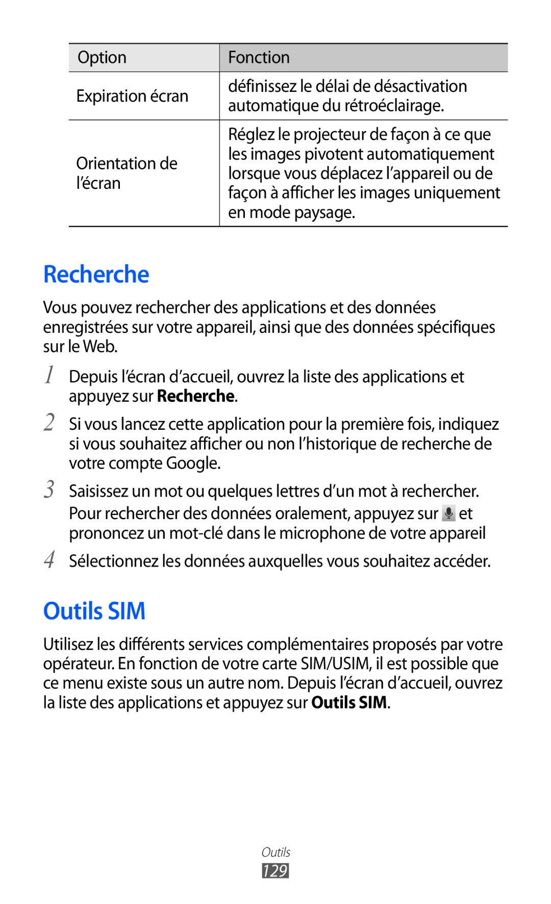 Samsung GT-I8530BAAXEF, GT-I8530RWAXEF, GT-I8530BAASFR manual Recherche, Outils SIM, Orientation de, En mode paysage, 129 