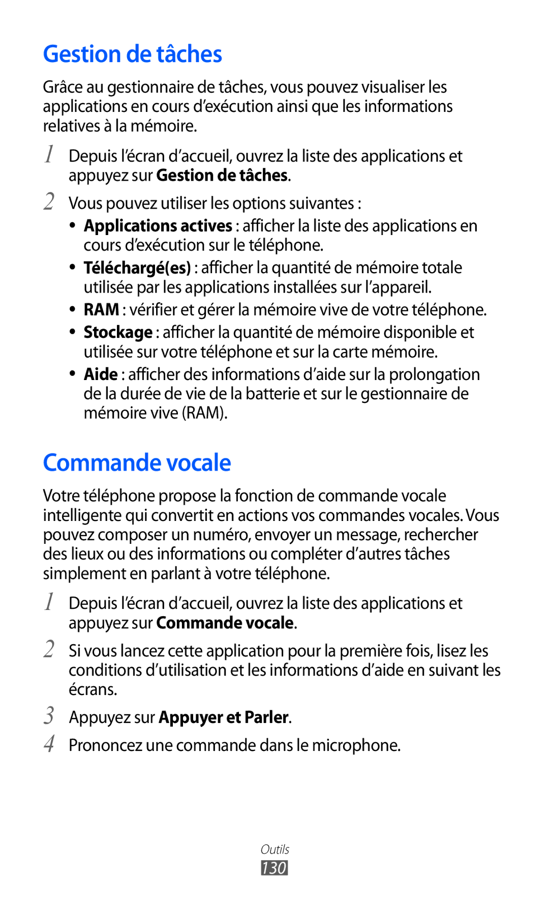 Samsung GT-I8530BAANRJ, GT-I8530RWAXEF manual Gestion de tâches, Commande vocale, Appuyez sur Appuyer et Parler, 130 