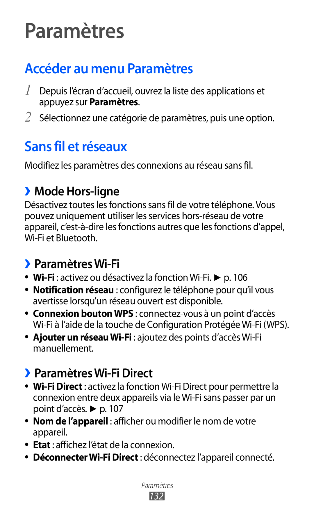 Samsung GT-I8530RWAXEF manual Accéder au menu Paramètres, Sans fil et réseaux, ››Mode Hors-ligne, ››Paramètres Wi-Fi 