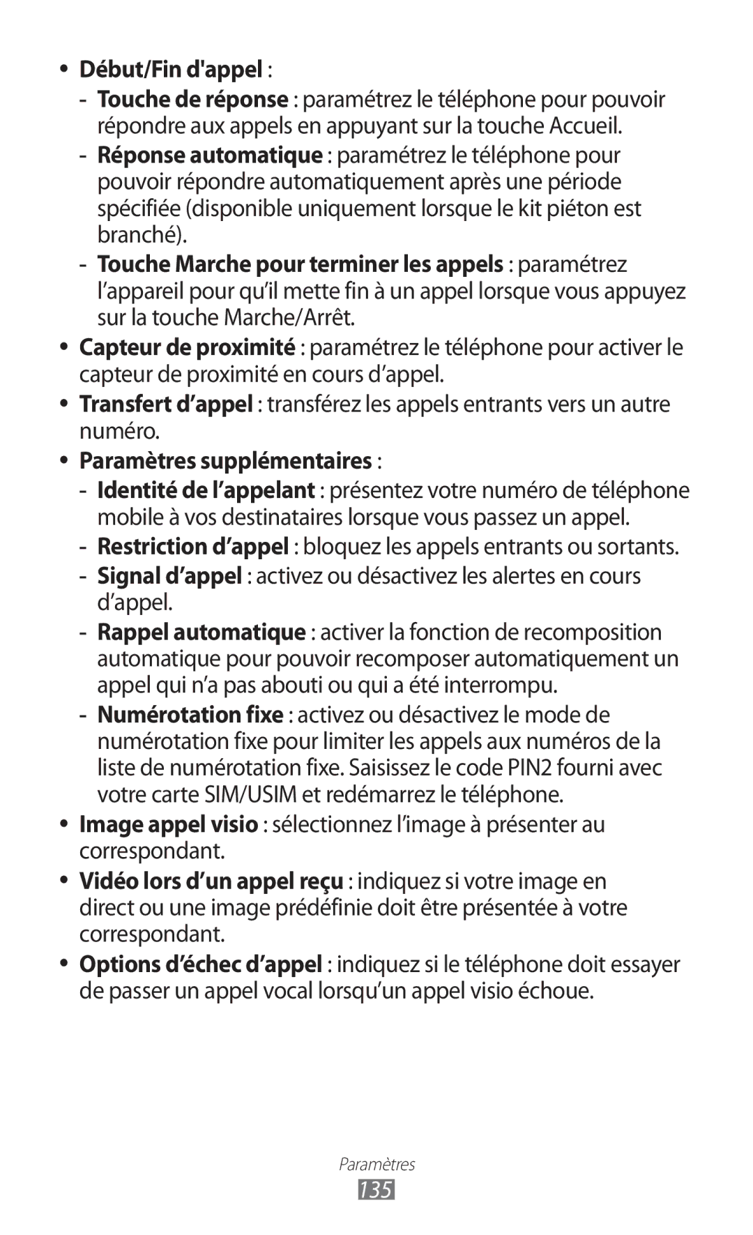 Samsung GT-I8530BAAXEF, GT-I8530RWAXEF, GT-I8530BAASFR, GT-I8530RWANRJ Début/Fin dappel, Paramètres supplémentaires, 135 