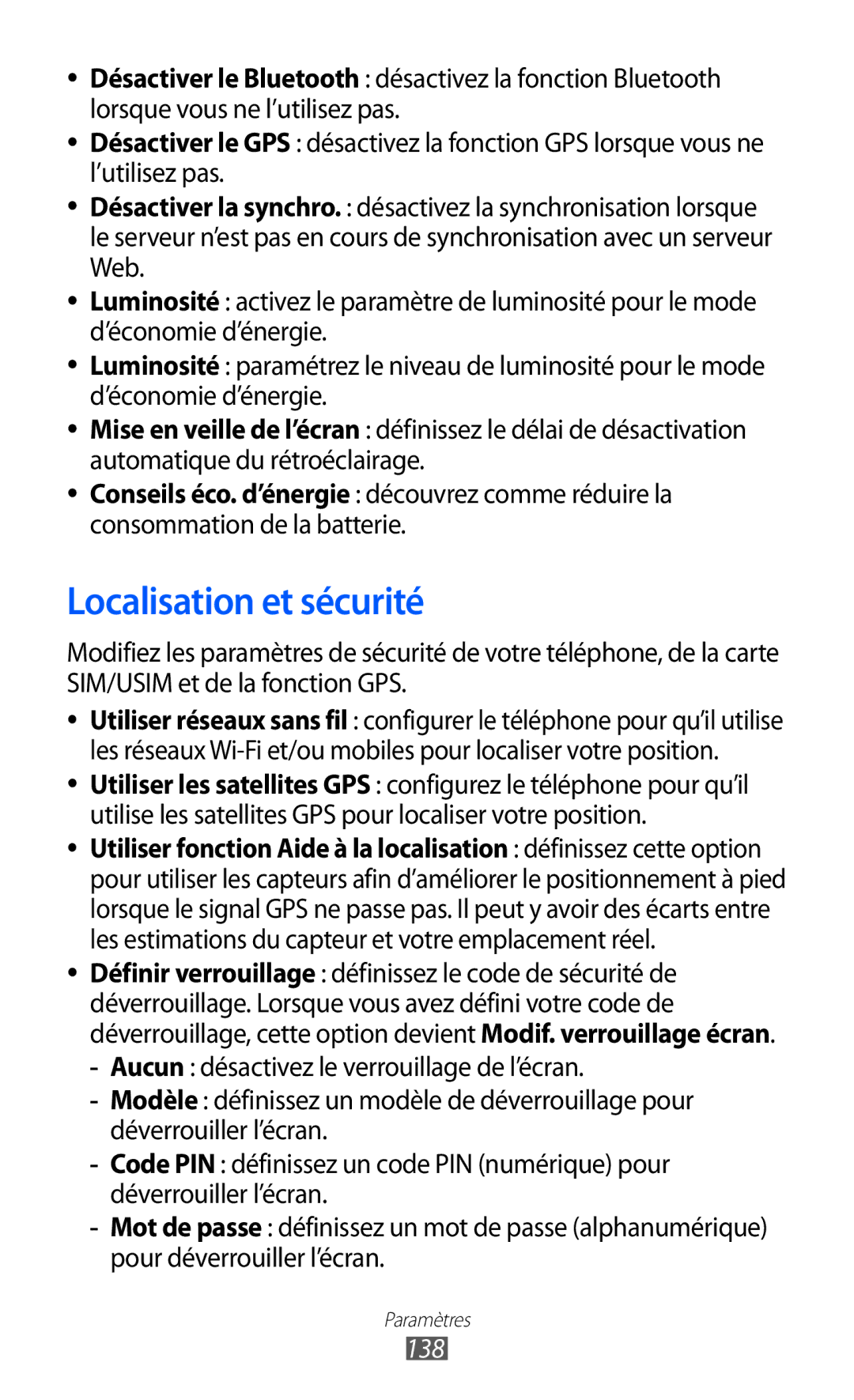 Samsung GT-I8530RWAXEF, GT-I8530BAASFR, GT-I8530RWANRJ, GT-I8530BAAXEF, GT-I8530BAANRJ manual Localisation et sécurité, 138 