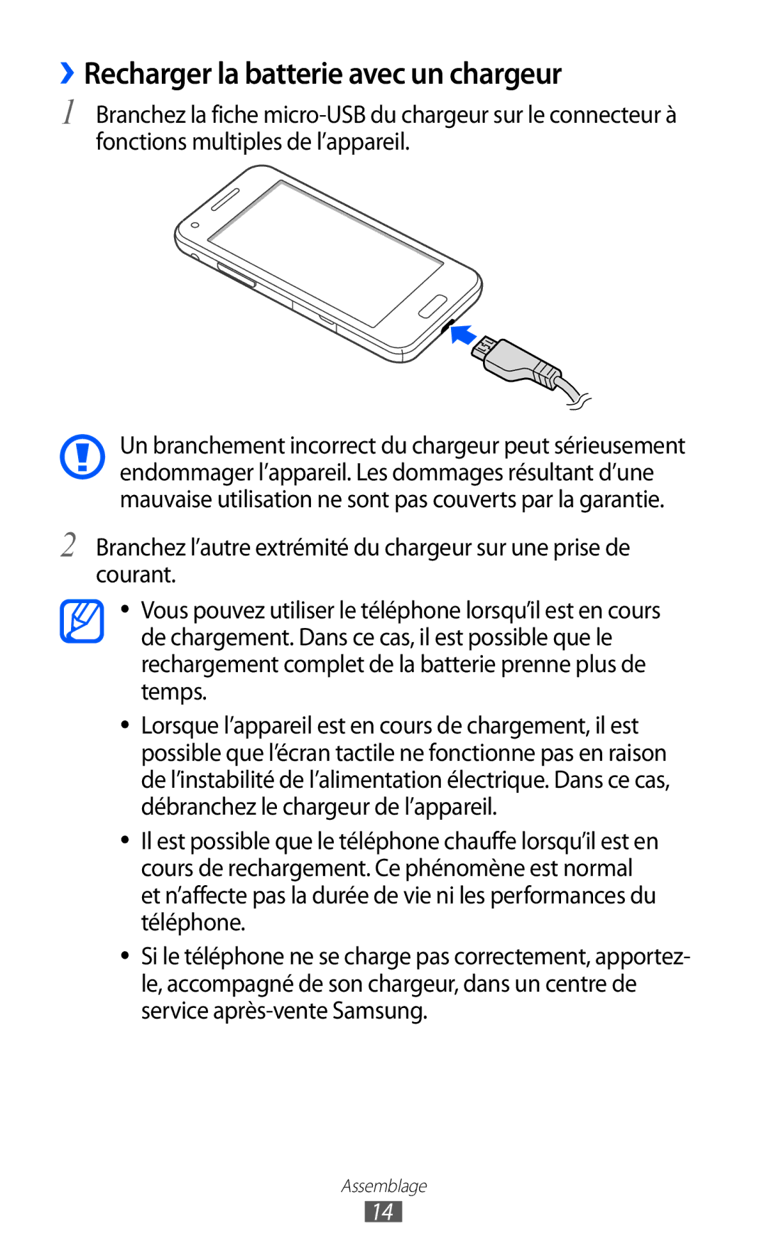 Samsung GT-I8530RWANRJ, GT-I8530RWAXEF, GT-I8530BAASFR, GT-I8530BAAXEF manual ››Recharger la batterie avec un chargeur 