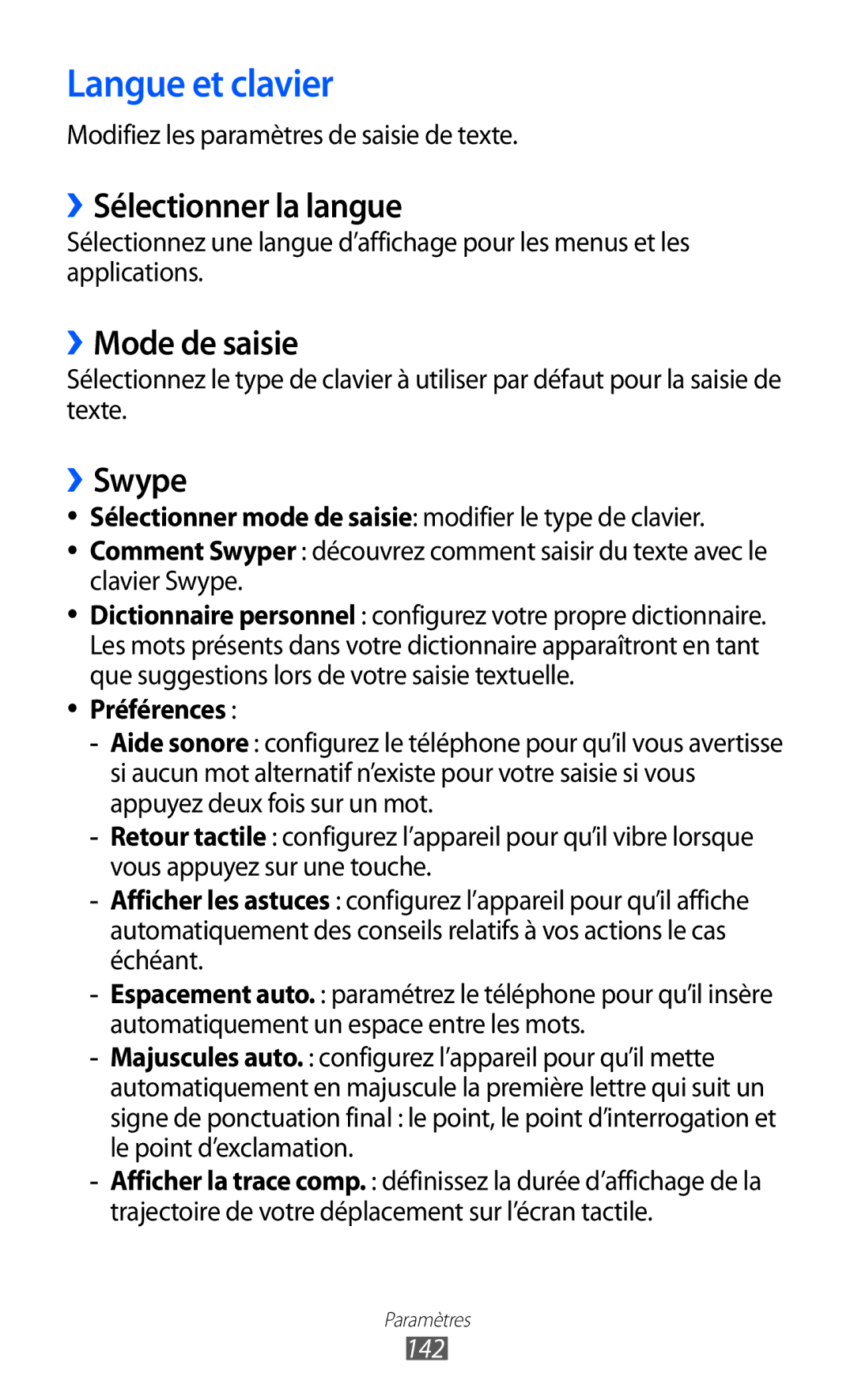 Samsung GT-I8530BAANRJ, GT-I8530RWAXEF Langue et clavier, ››Sélectionner la langue, ››Mode de saisie, ››Swype, Préférences 