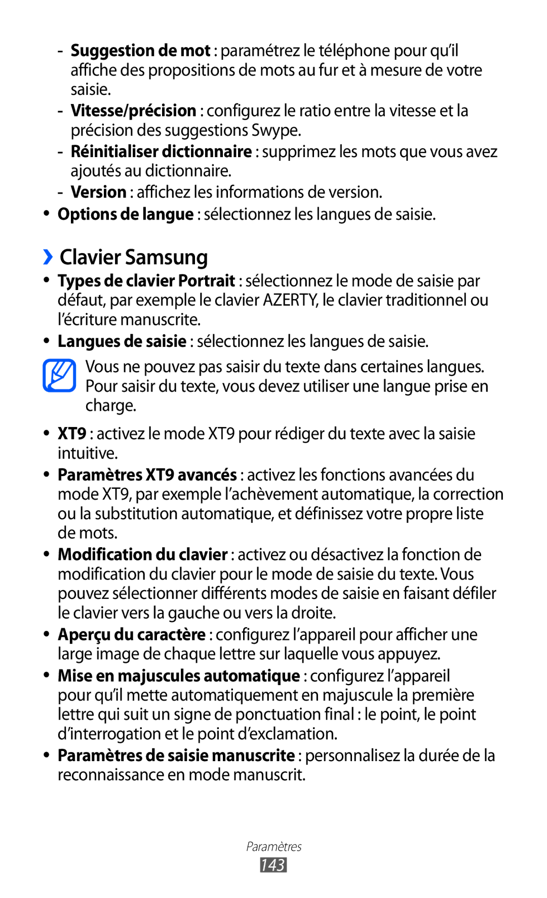 Samsung GT-I8530RWASFR, GT-I8530RWAXEF, GT-I8530BAASFR manual ››Clavier Samsung, Reconnaissance en mode manuscrit, 143 