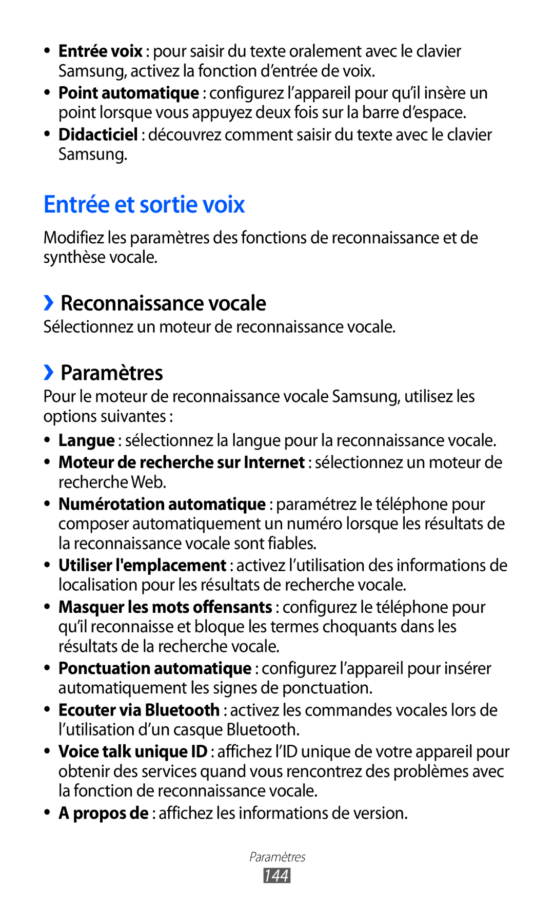 Samsung GT-I8530RWAXEF, GT-I8530BAASFR, GT-I8530RWANRJ Entrée et sortie voix, ››Reconnaissance vocale, ››Paramètres, 144 