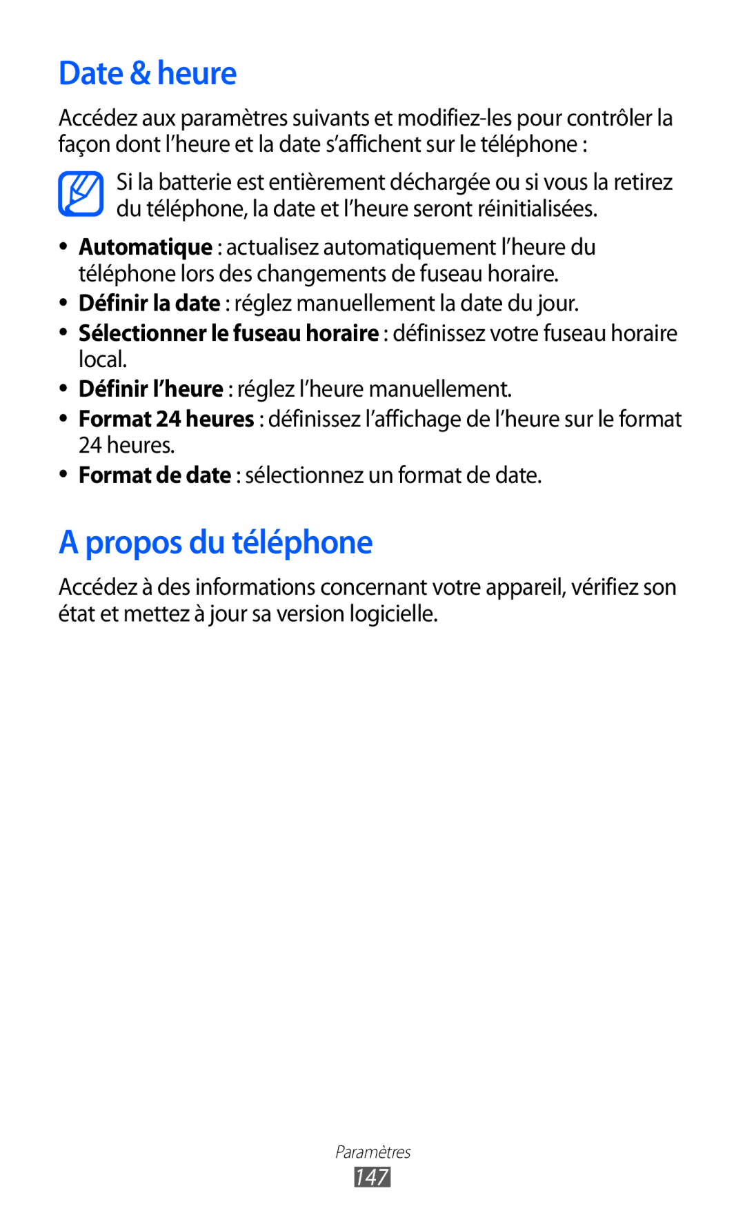 Samsung GT-I8530BAAXEF manual Date & heure, Propos du téléphone, Définir la date réglez manuellement la date du jour, 147 