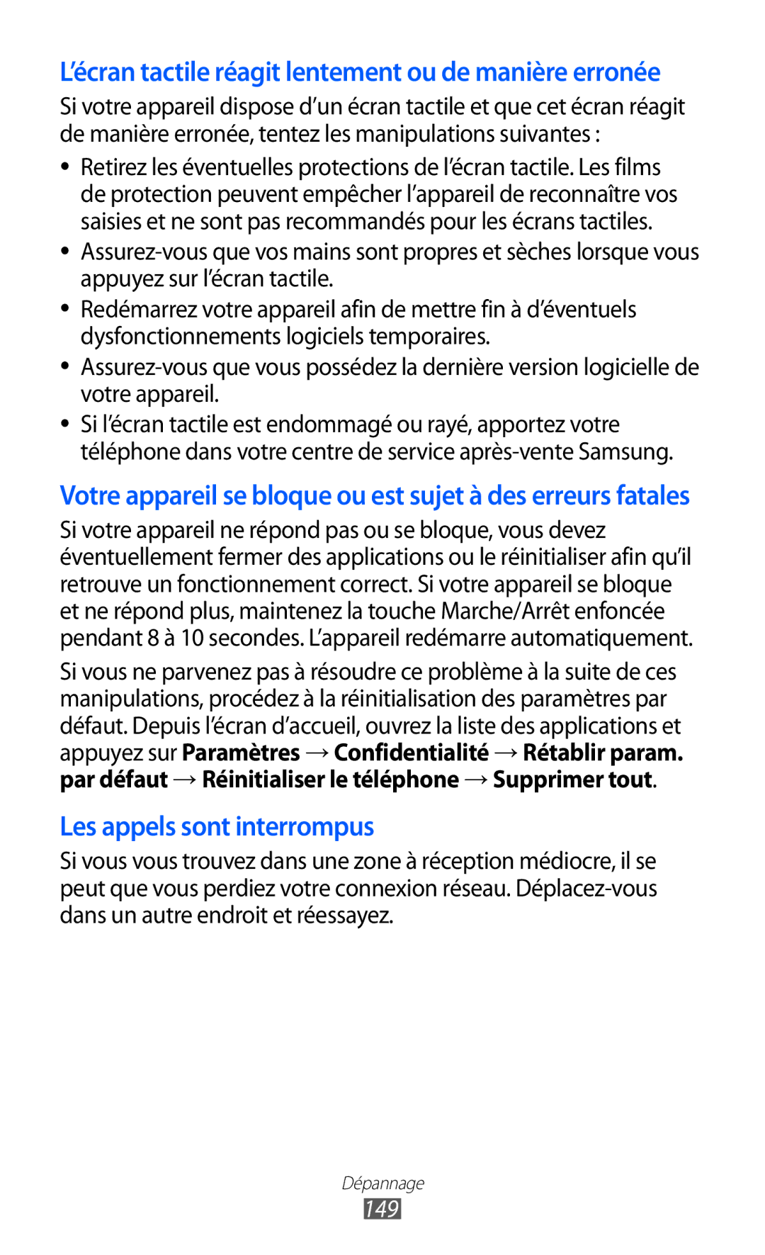 Samsung GT-I8530RWASFR, GT-I8530RWAXEF, GT-I8530BAASFR manual ’écran tactile réagit lentement ou de manière erronée, 149 