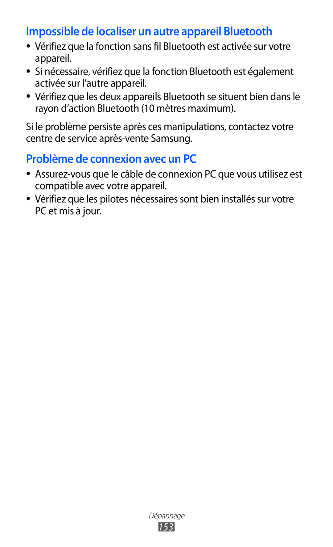 Samsung GT-I8530BAAXEF, GT-I8530RWAXEF, GT-I8530BAASFR manual Impossible de localiser un autre appareil Bluetooth, 153 