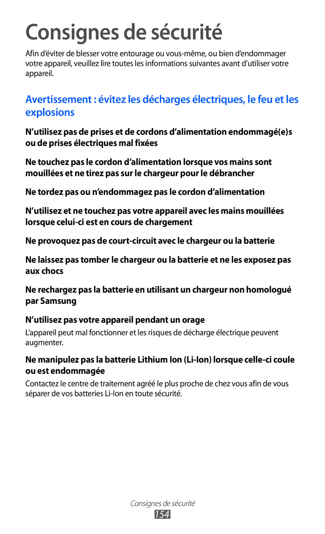 Samsung GT-I8530BAANRJ, GT-I8530RWAXEF, GT-I8530BAASFR, GT-I8530RWANRJ, GT-I8530BAAXEF manual Consignes de sécurité, 154 