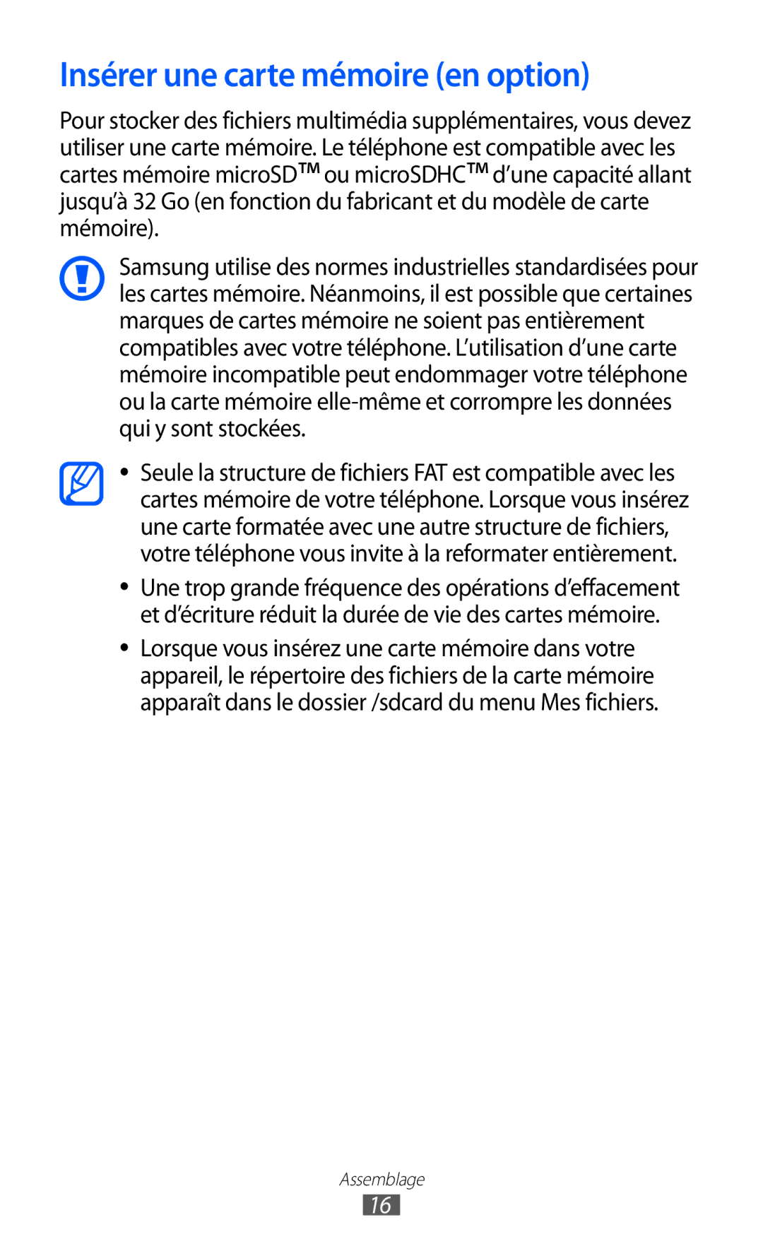 Samsung GT-I8530BAANRJ, GT-I8530RWAXEF, GT-I8530BAASFR, GT-I8530RWANRJ, GT-I8530BAAXEF Insérer une carte mémoire en option 