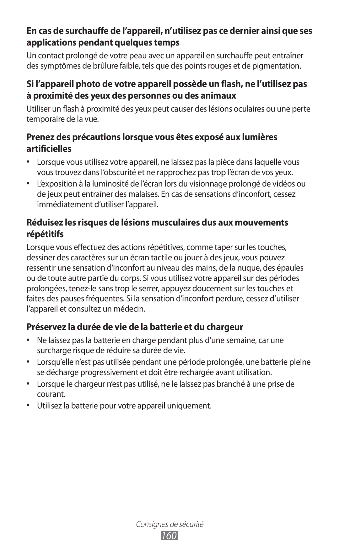 Samsung GT-I8530BAANRJ, GT-I8530RWAXEF, GT-I8530BAASFR manual 160, Préservez la durée de vie de la batterie et du chargeur 