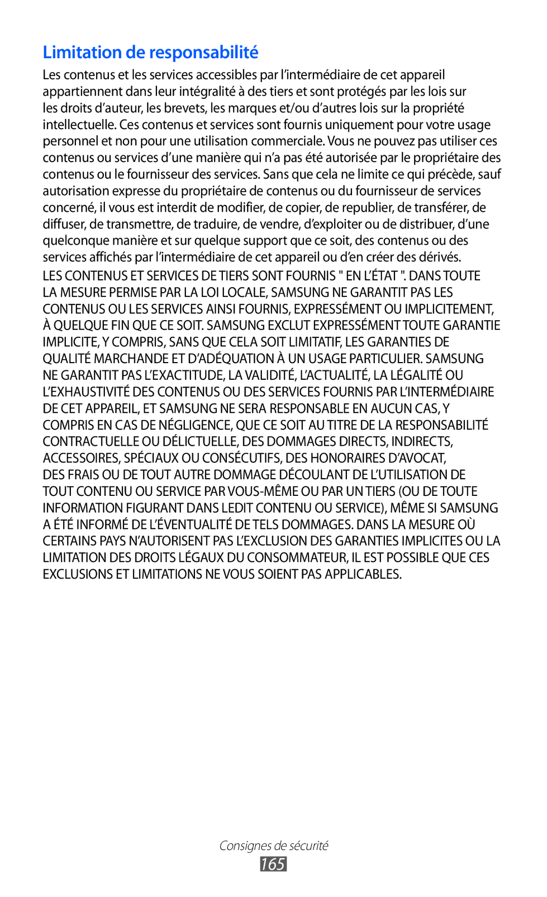 Samsung GT-I8530BAAXEF, GT-I8530RWAXEF, GT-I8530BAASFR, GT-I8530RWANRJ, GT-I8530BAANRJ manual Limitation de responsabilité, 165 