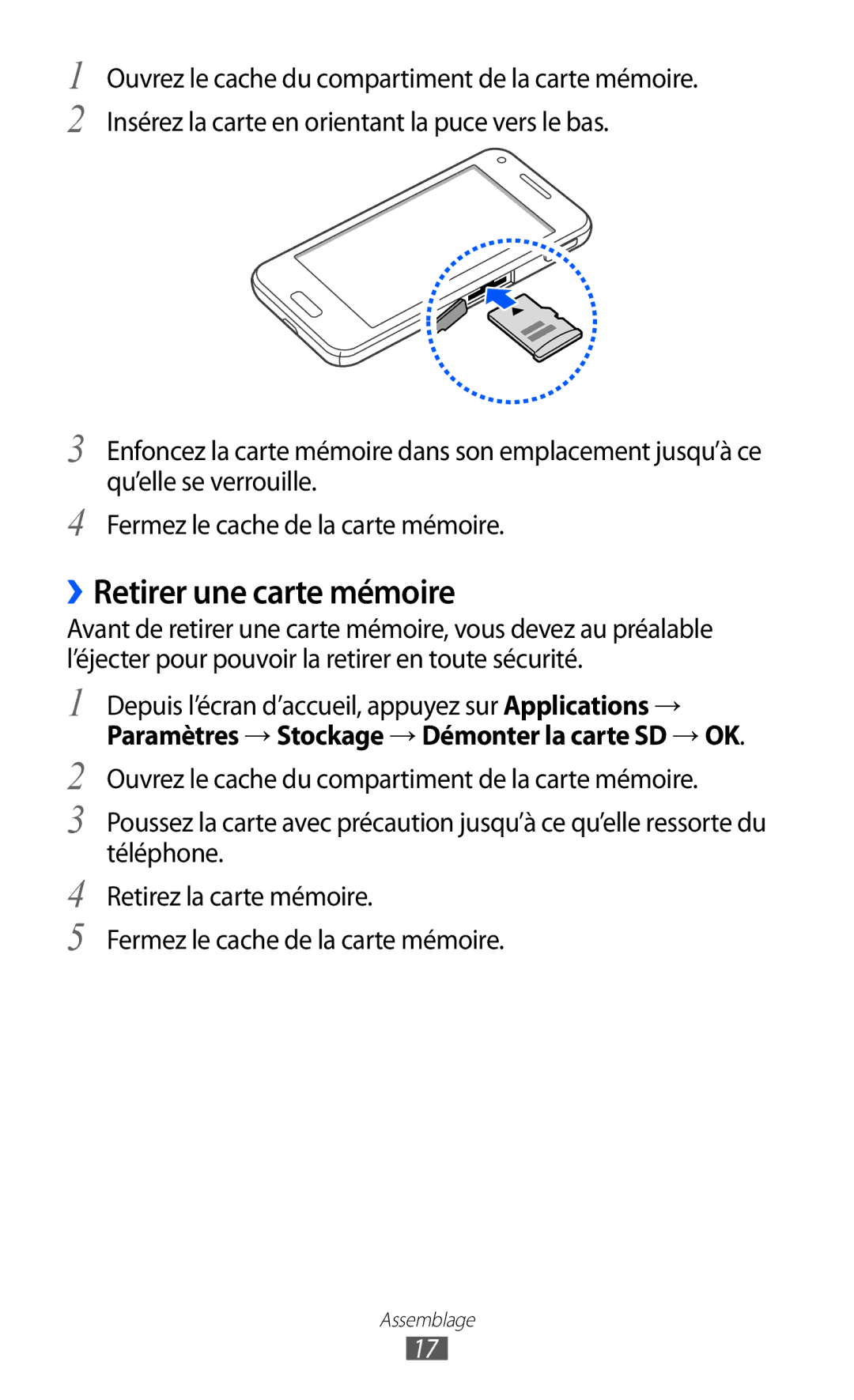 Samsung GT-I8530RWASFR, GT-I8530RWAXEF, GT-I8530BAASFR, GT-I8530RWANRJ, GT-I8530BAAXEF manual ››Retirer une carte mémoire 