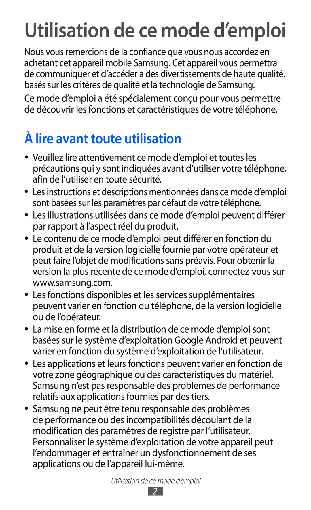 Samsung GT-I8530RWANRJ, GT-I8530RWAXEF, GT-I8530BAASFR manual Utilisation de ce mode d’emploi, Lire avant toute utilisation 