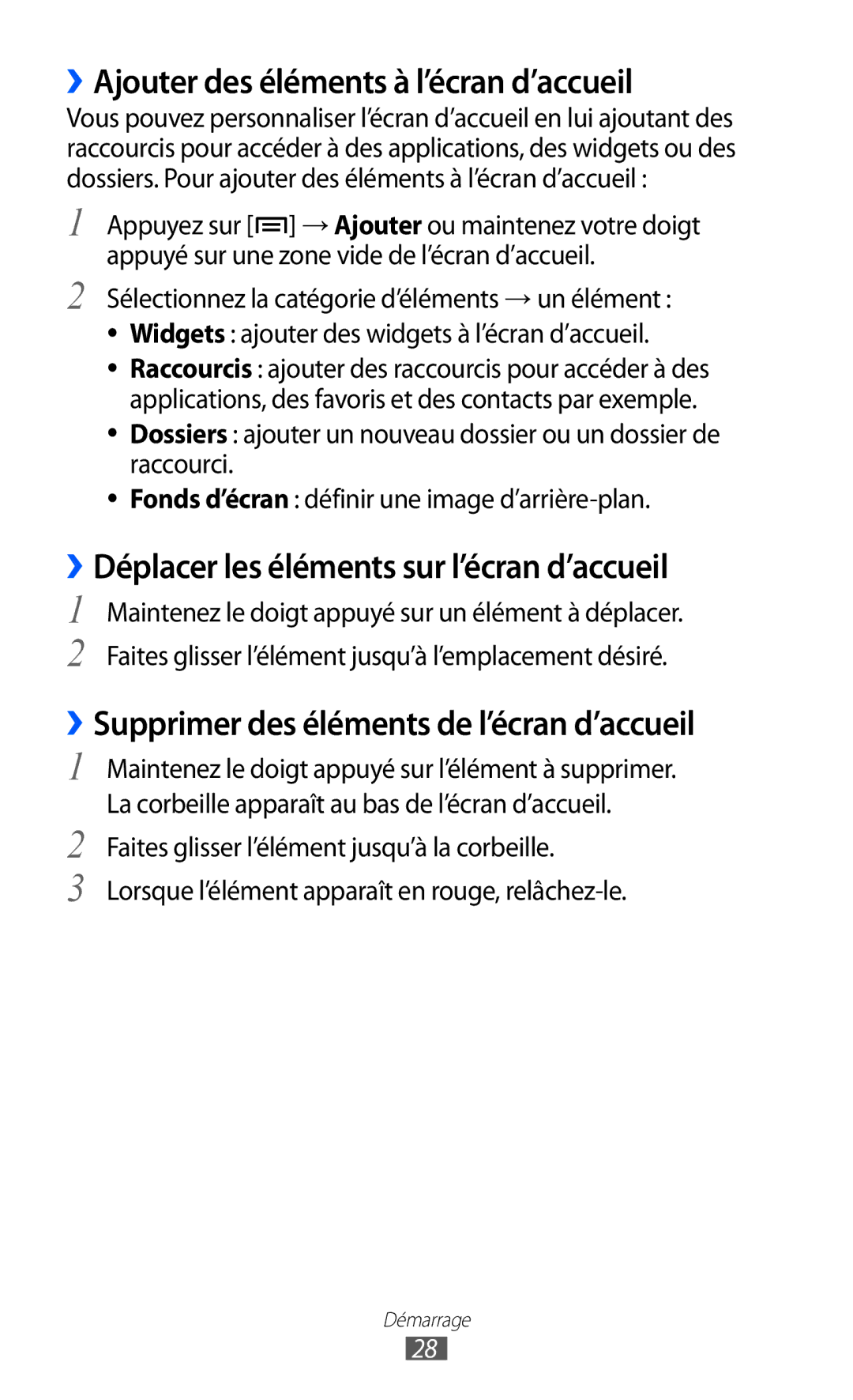 Samsung GT-I8530BAANRJ manual ››Ajouter des éléments à l’écran d’accueil, ››Déplacer les éléments sur l’écran d’accueil 