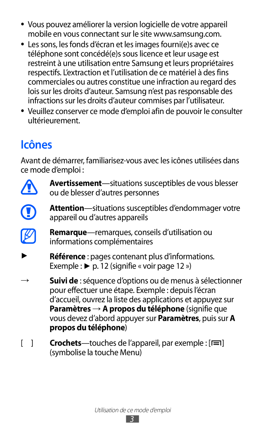 Samsung GT-I8530BAAXEF, GT-I8530RWAXEF, GT-I8530BAASFR, GT-I8530RWANRJ, GT-I8530BAANRJ manual Icônes, Symbolise la touche Menu 