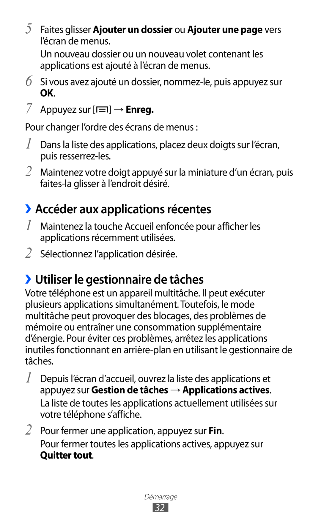 Samsung GT-I8530RWANRJ, GT-I8530RWAXEF manual ››Accéder aux applications récentes, ››Utiliser le gestionnaire de tâches 