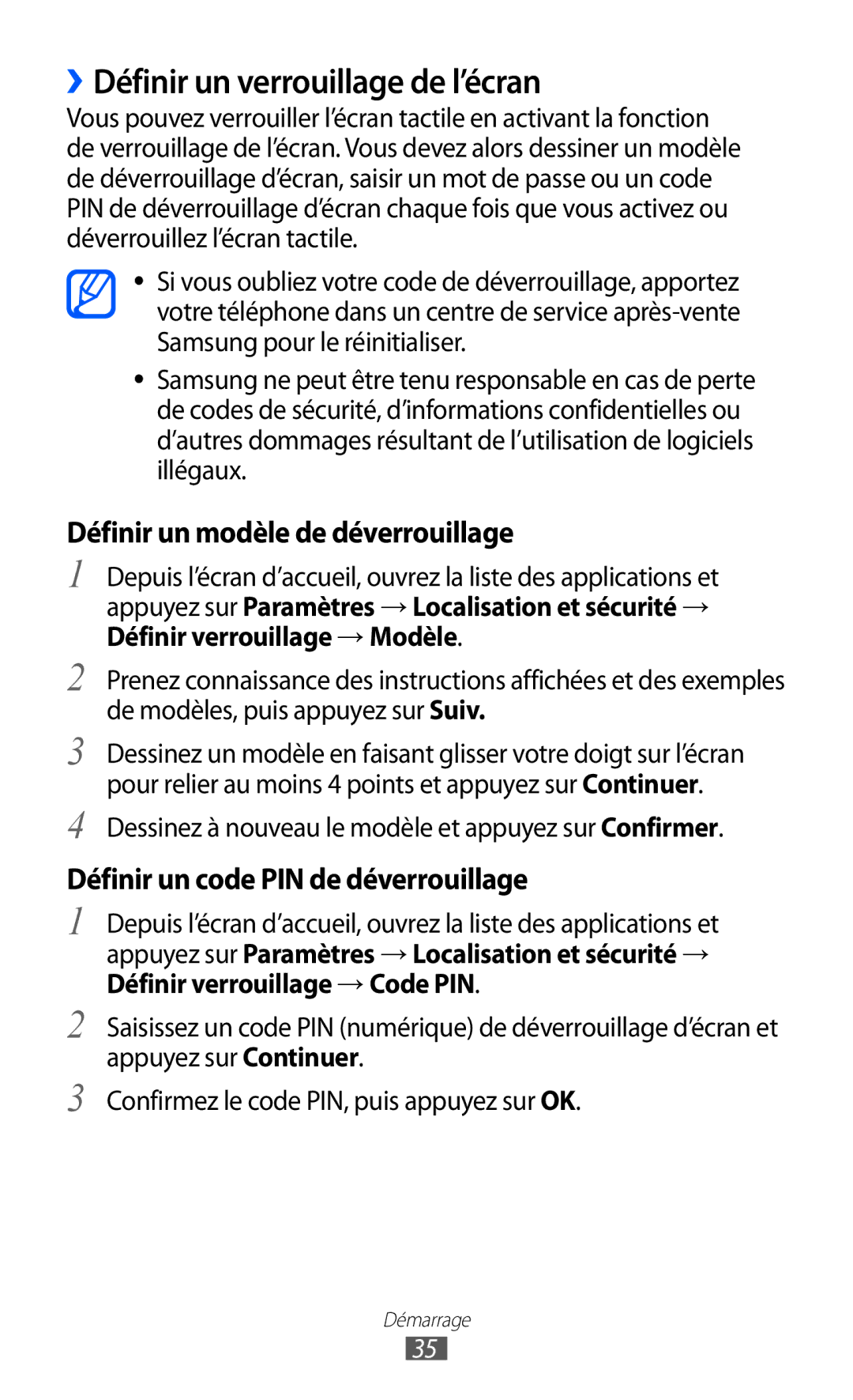 Samsung GT-I8530RWASFR, GT-I8530RWAXEF manual ››Définir un verrouillage de l’écran, Définir un modèle de déverrouillage 