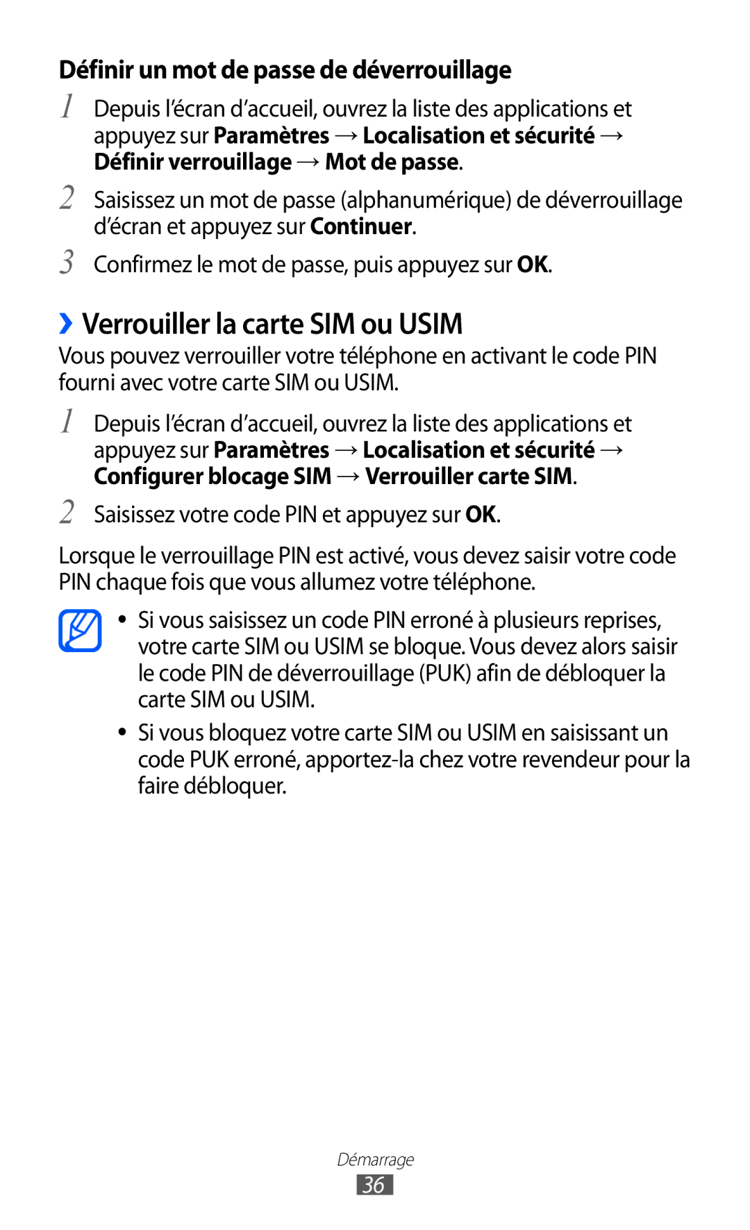 Samsung GT-I8530RWAXEF, GT-I8530BAASFR manual ››Verrouiller la carte SIM ou Usim, Saisissez votre code PIN et appuyez sur OK 