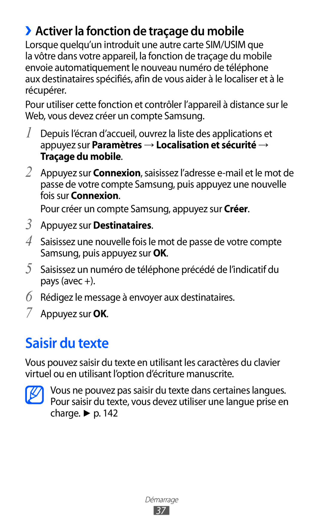 Samsung GT-I8530BAASFR, GT-I8530RWAXEF, GT-I8530RWANRJ manual Saisir du texte, ››Activer la fonction de traçage du mobile 