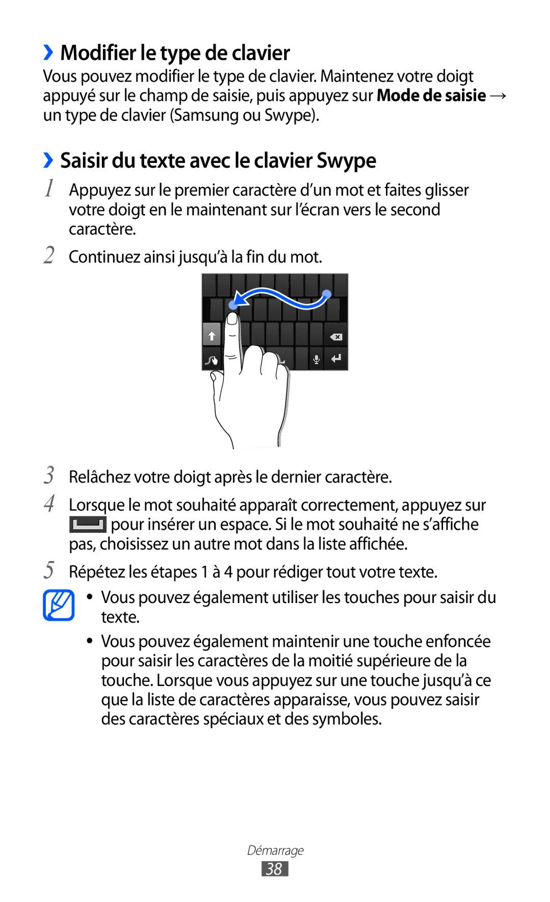 Samsung GT-I8530RWANRJ, GT-I8530RWAXEF manual ››Modifier le type de clavier, ››Saisir du texte avec le clavier Swype 