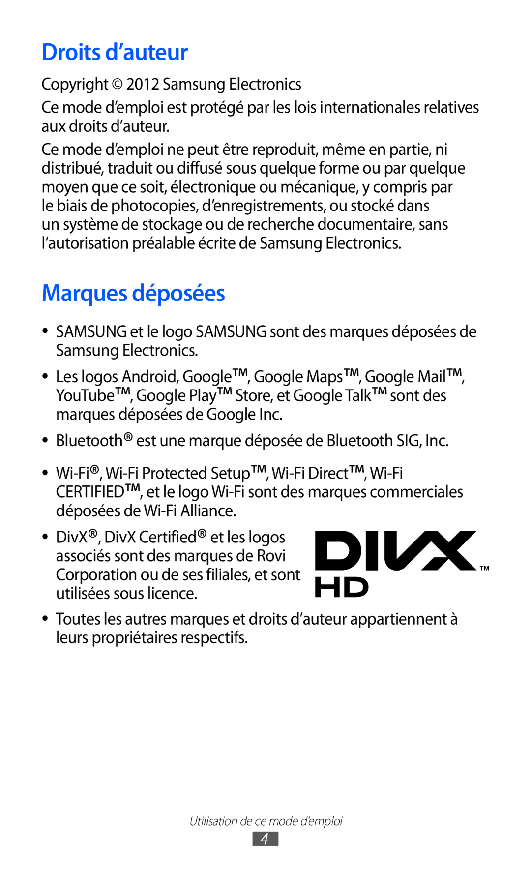 Samsung GT-I8530BAANRJ, GT-I8530RWAXEF, GT-I8530BAASFR, GT-I8530RWANRJ, GT-I8530BAAXEF manual Droits d’auteur, Marques déposées 