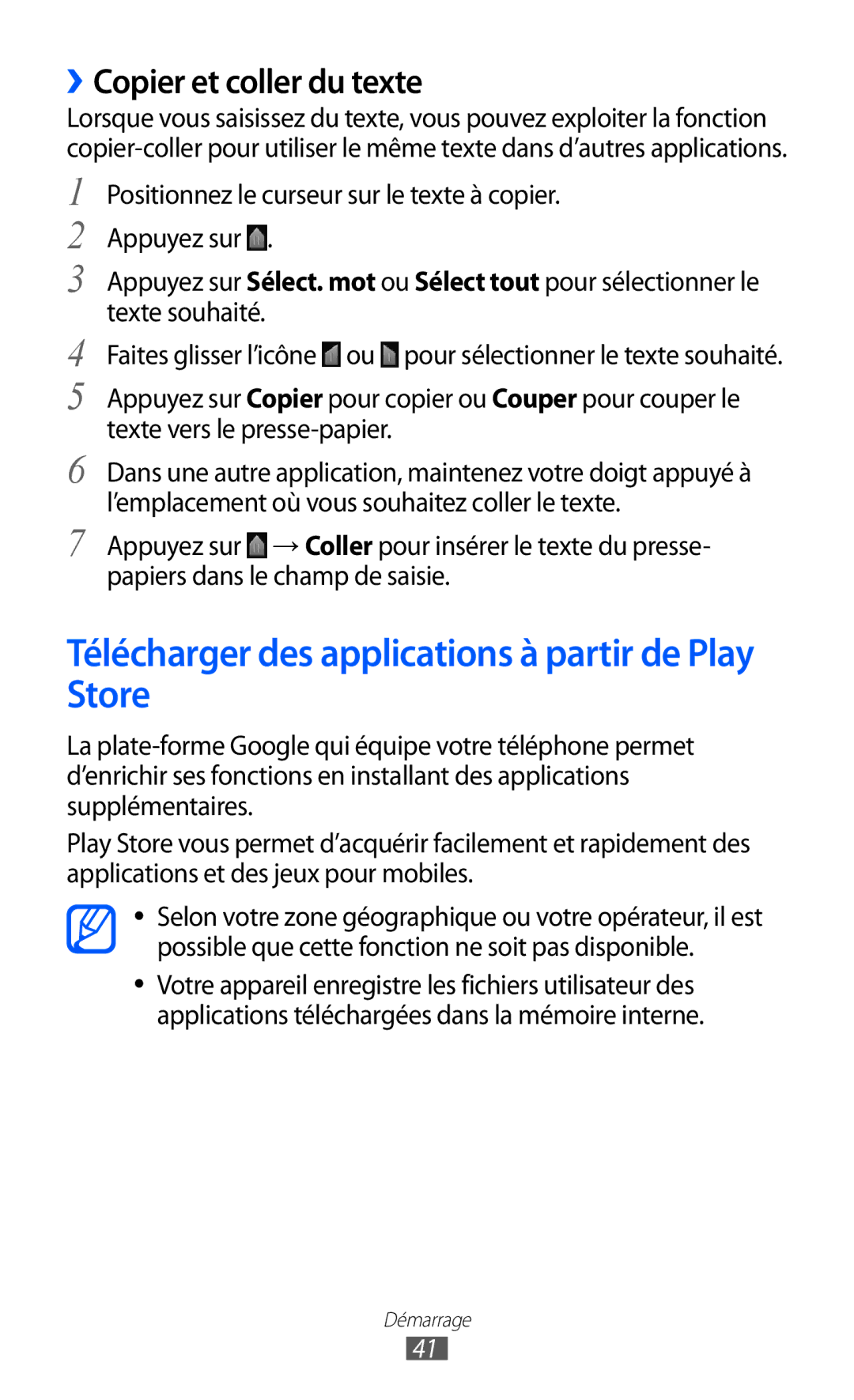 Samsung GT-I8530RWASFR, GT-I8530RWAXEF Télécharger des applications à partir de Play Store, ››Copier et coller du texte 