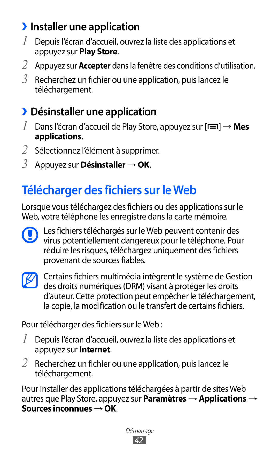 Samsung GT-I8530RWAXEF Télécharger des fichiers sur le Web, ››Installer une application, ››Désinstaller une application 