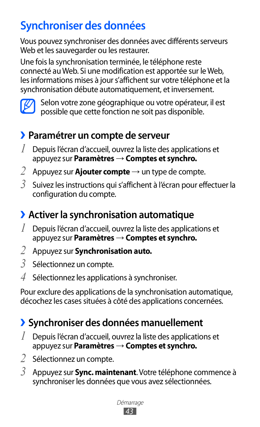 Samsung GT-I8530BAASFR manual Synchroniser des données, ››Paramétrer un compte de serveur, Appuyez sur Synchronisation auto 