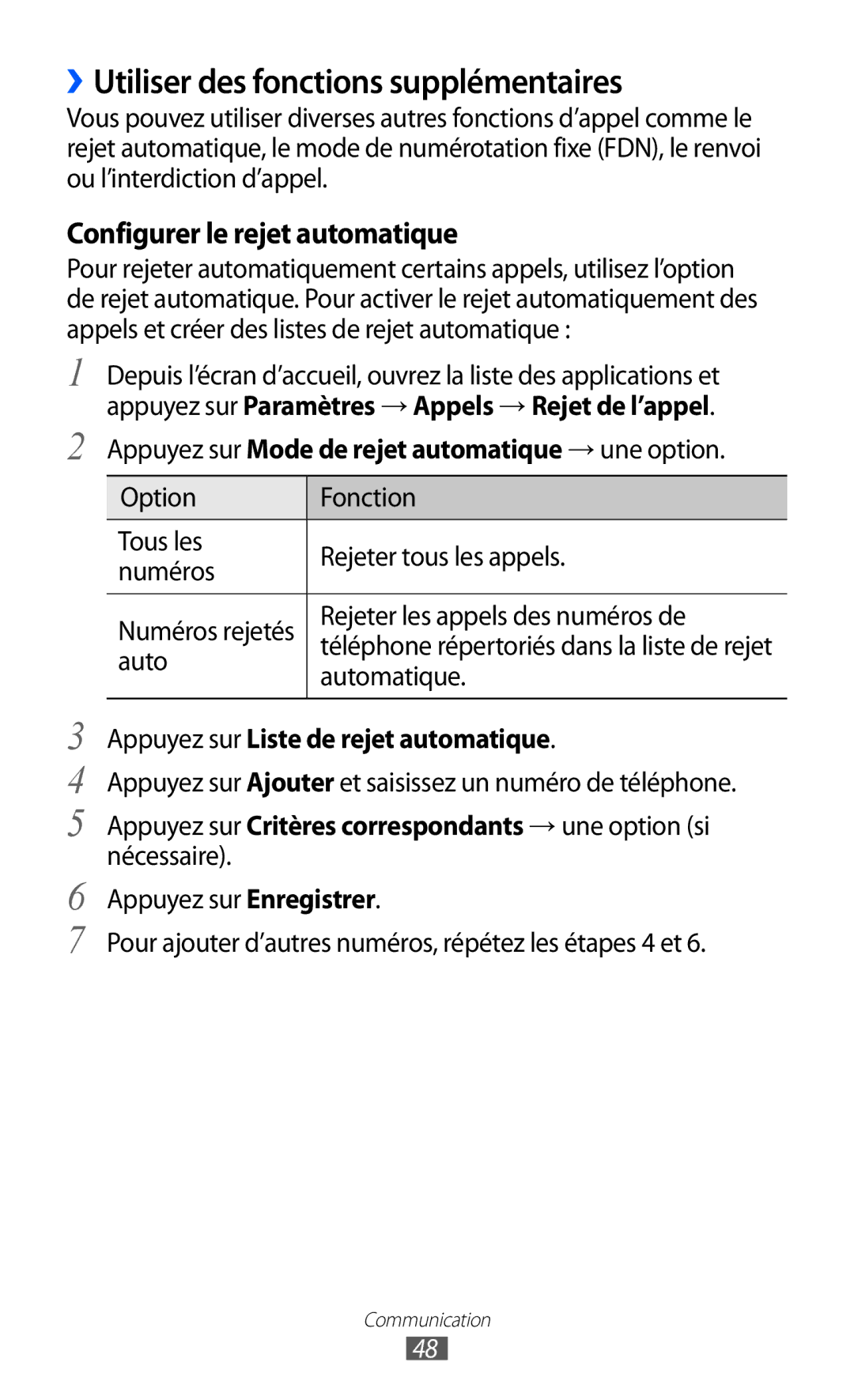 Samsung GT-I8530RWAXEF manual ››Utiliser des fonctions supplémentaires, Appuyez sur Mode de rejet automatique → une option 