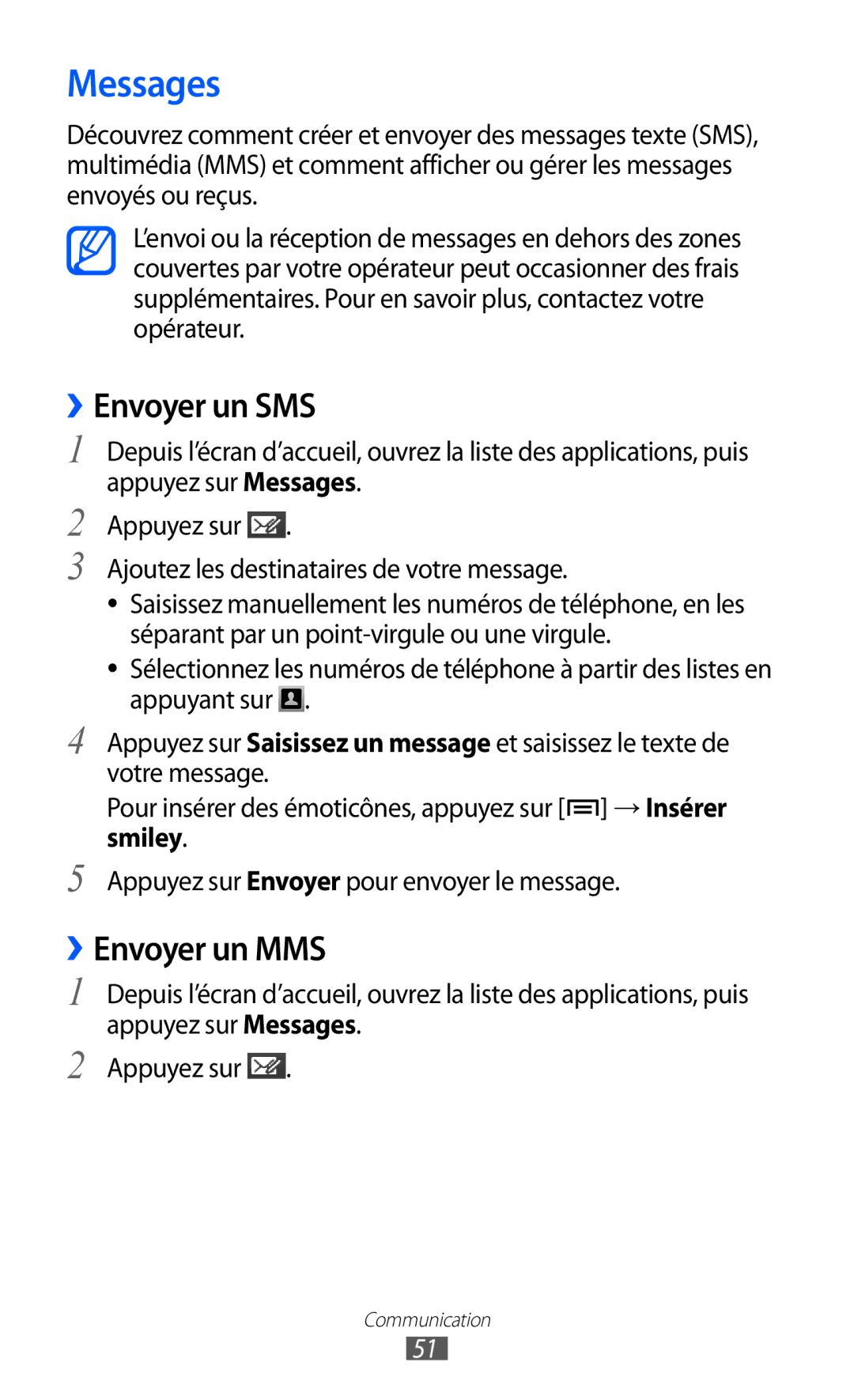 Samsung GT-I8530BAAXEF, GT-I8530RWAXEF, GT-I8530BAASFR, GT-I8530RWANRJ manual Messages, ››Envoyer un SMS, ››Envoyer un MMS 