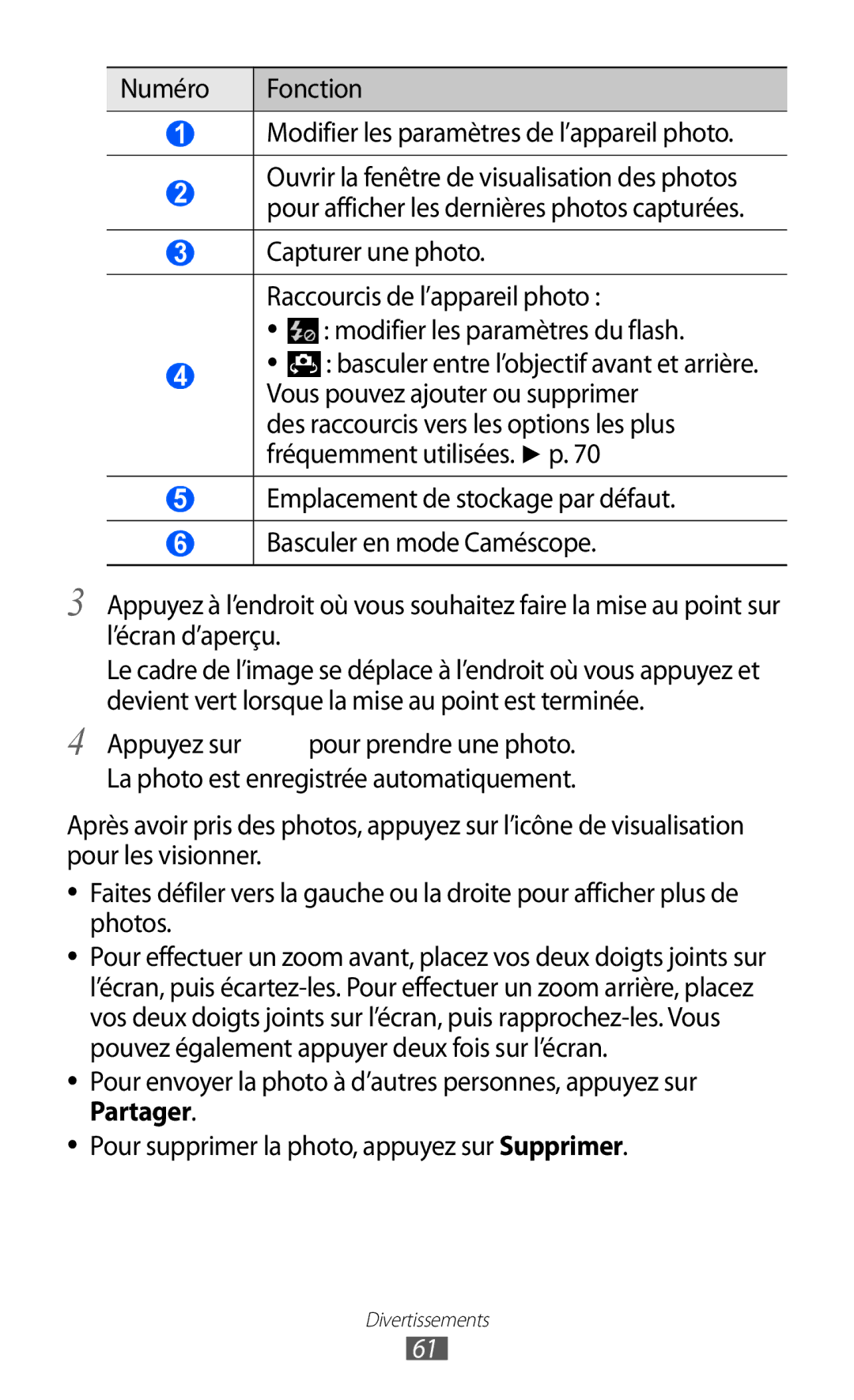 Samsung GT-I8530BAASFR, GT-I8530RWAXEF, GT-I8530RWANRJ manual Numéro Fonction Modifier les paramètres de l’appareil photo 