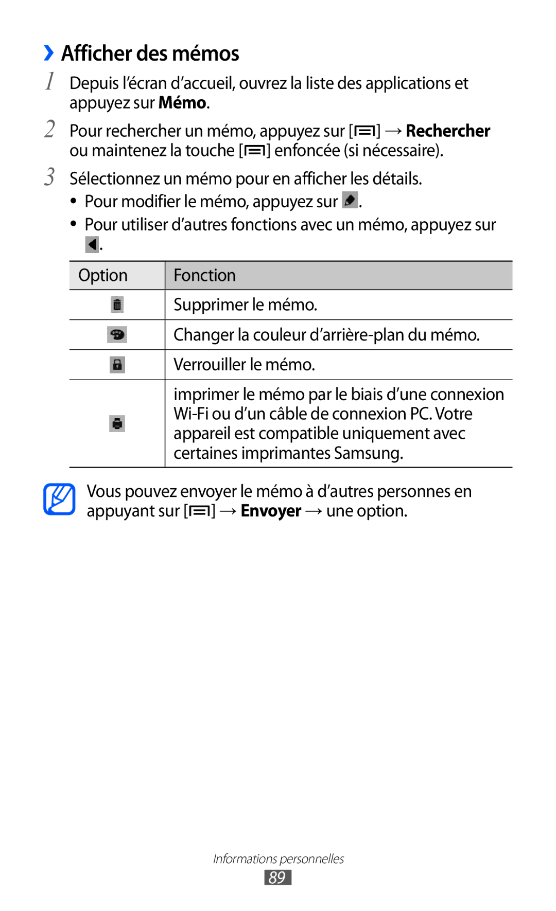 Samsung GT-I8530RWASFR, GT-I8530RWAXEF ››Afficher des mémos, Verrouiller le mémo, Appareil est compatible uniquement avec 